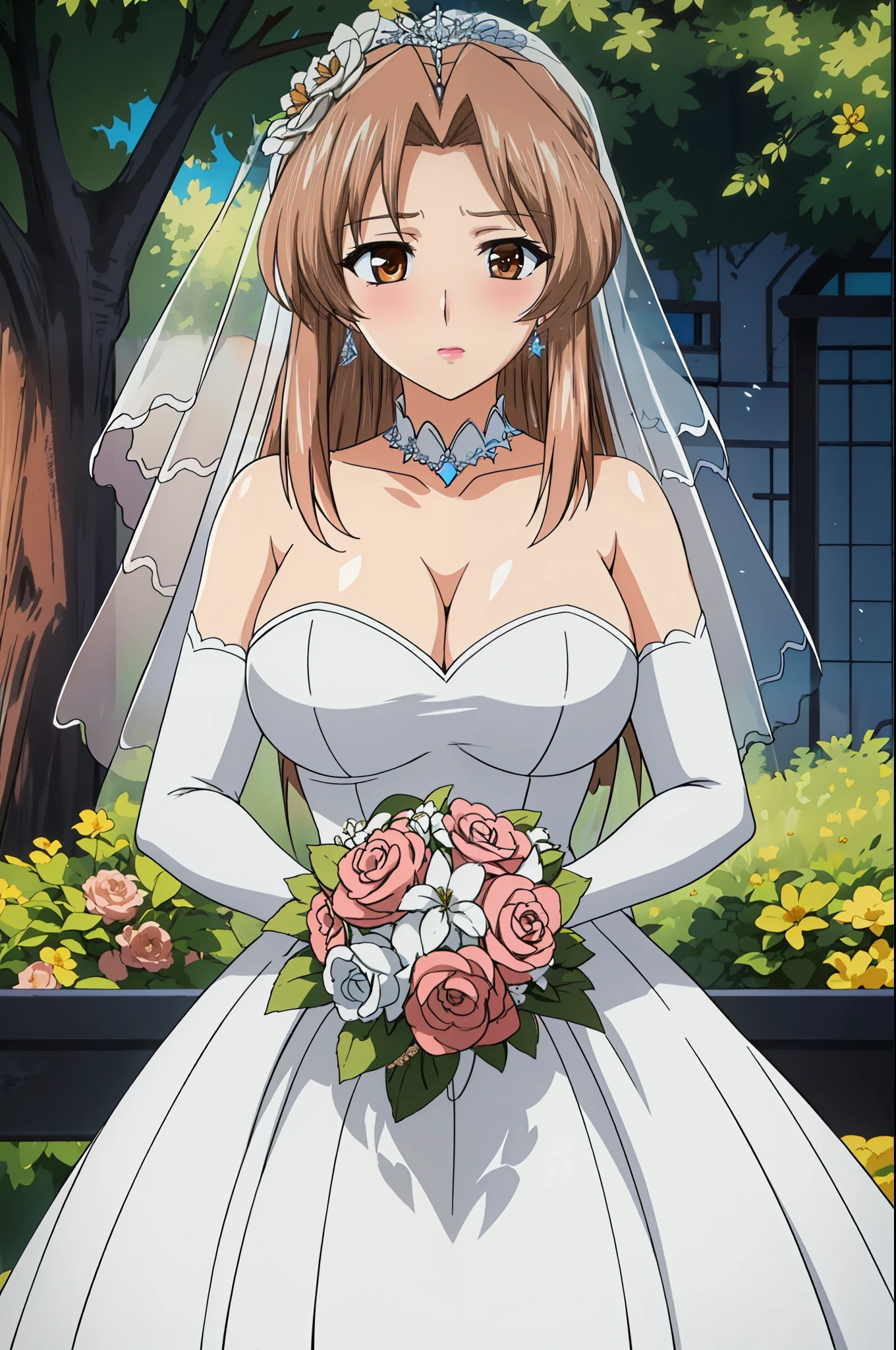 brown hair,Bangs,brown eyes, Close-up of beautiful bride in bridal dress,Gurwitz,Blushing face,Head flower,headgear,(tube top wedding dress:1.5),(silk dress:1.2),(strapless wedding dress:1.5),pure white dress,necklace,earrings,(large breasts:1.3),Neck ornaments,Deep V peach heart collar wedding dress,Bangs,Bouquet,lipstick,(White long elbow gloves:1.3),(Bridal veil:1.2),(Transparent short veil:1.2),Bust photo,High detail RAW color art,Tyndall phenomenon,front,Half body