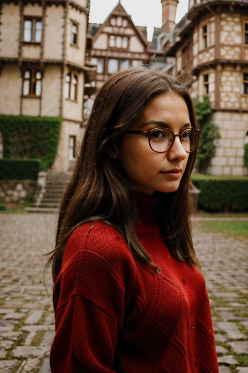 lady with long brown air, glasses, red + sweater, in front of old castle