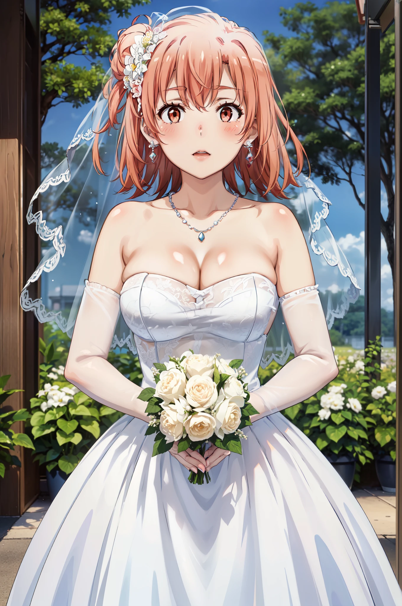 best quality, masterpiece, high resolution, 1 girl, Yuigahama Yui,  Close-up of beautiful bride wearing beautiful wedding dress,Gurwitz,(bridal veil:1.5），（Transparent short veil：1.5），Blushing face，Head flower，headgear，（tube top wedding dress：1.5），（Silk dress：1.2）,（Strapless wedding dress：1.5）,pure white dress，necklace，earrings，(large breasts:1.3)，Deep V peach heart collar wedding dress，Bangs，lipstick，（lace gloves：1.3）,whole body照,High detail RAW color art,Long white dress，whole body，Place your hands behind your back，