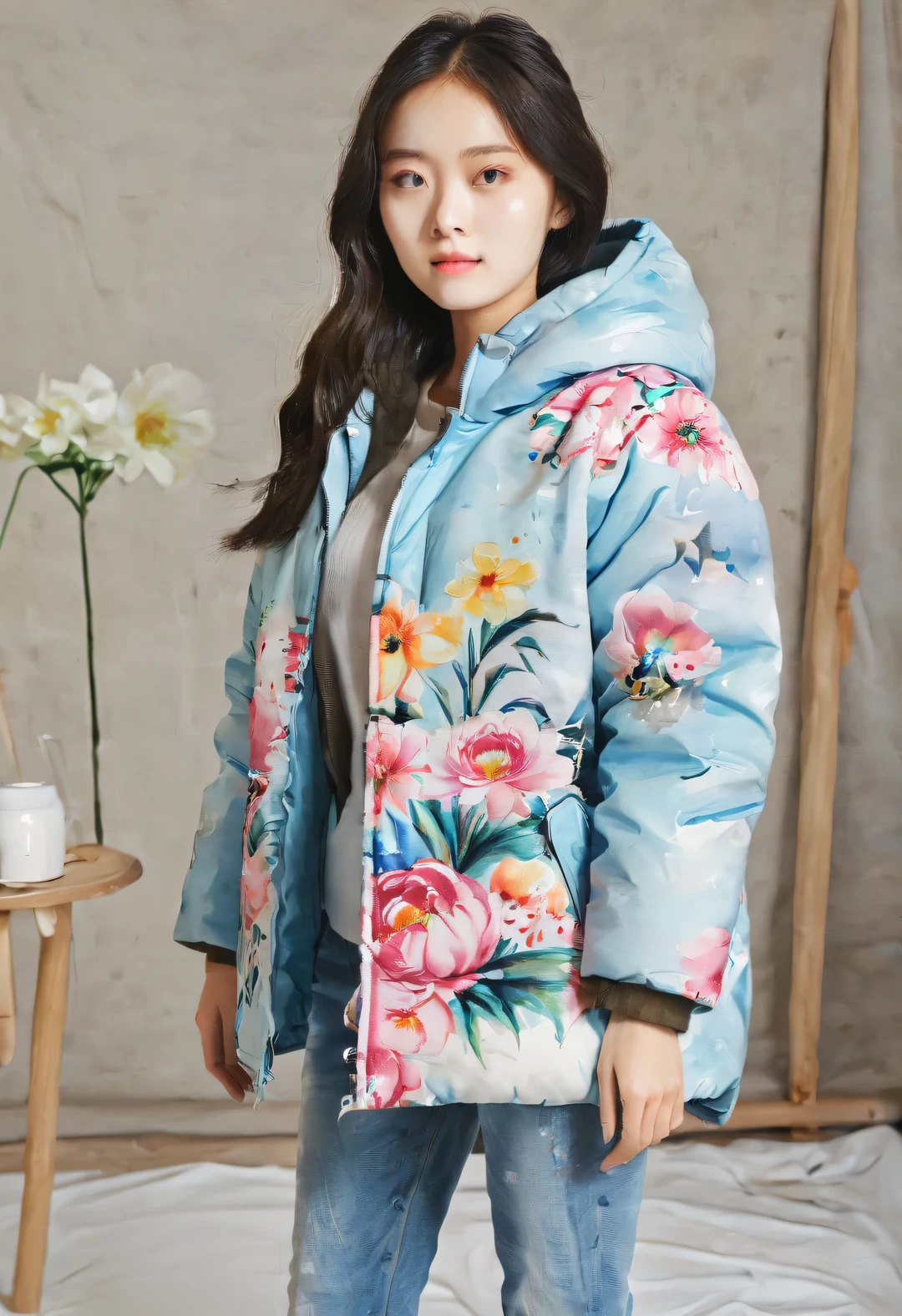 Northeast large flower cotton-padded jacket， fabrics, watercolor painting