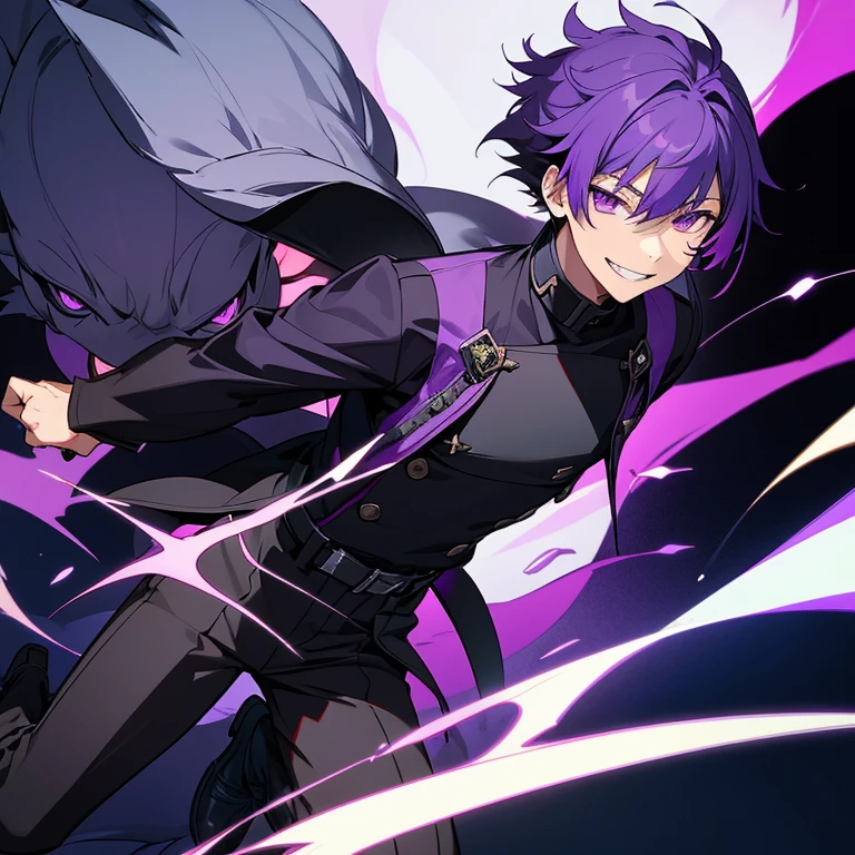 1 boy,  boy, light purple hair, dark purple hair, multicolored hair, purple eyes, black uniform, smiling, grin, (((wolf cut hair)))