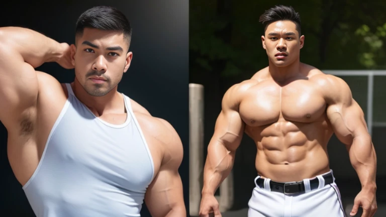 (Highly detailed 8K wallpaper), asian man, muscle worship, arms crossed, On the playground, baseball uniform, high detail, very short hair, shaved head, buzz cut, very large and strong body, bulging muscles, muscular, very large pectoral muscles. Very sexy abs, legs are muscular, Toned figure, lightens oily skin, muscular, Tank top, T-shirt, long shot, wide shot