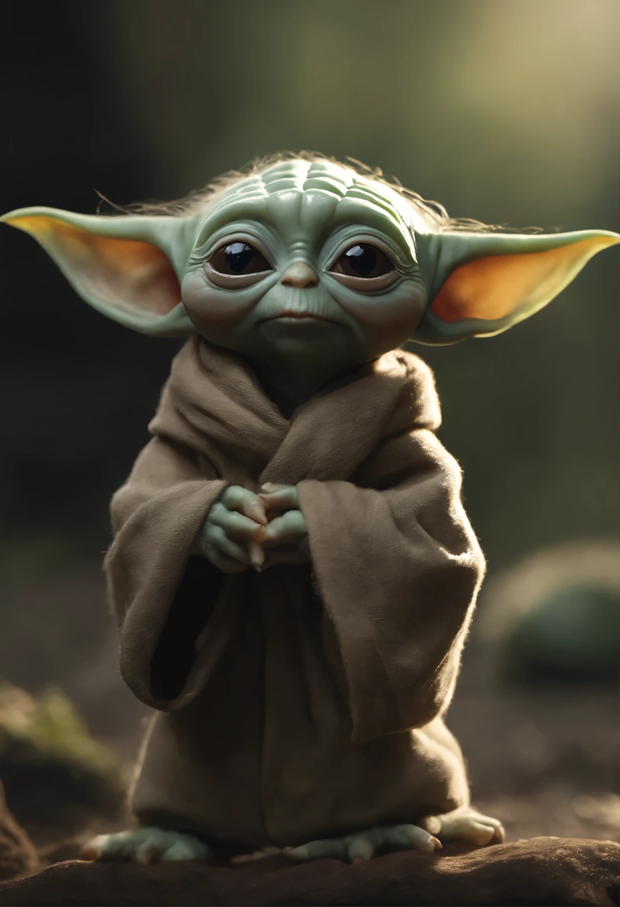 Close-up of Baby Yoda wearing a scarf., greta thunberg as Gollum, Pouting gaze :: octane number, portrait of an elf, photo of demon Gollum, Gollum, donald trump as Gollum, Portrait of a Goblin, Yoda Fantasy Art Portrait, charming digital painting, portrait of a gnome called eldon, Cheburashka