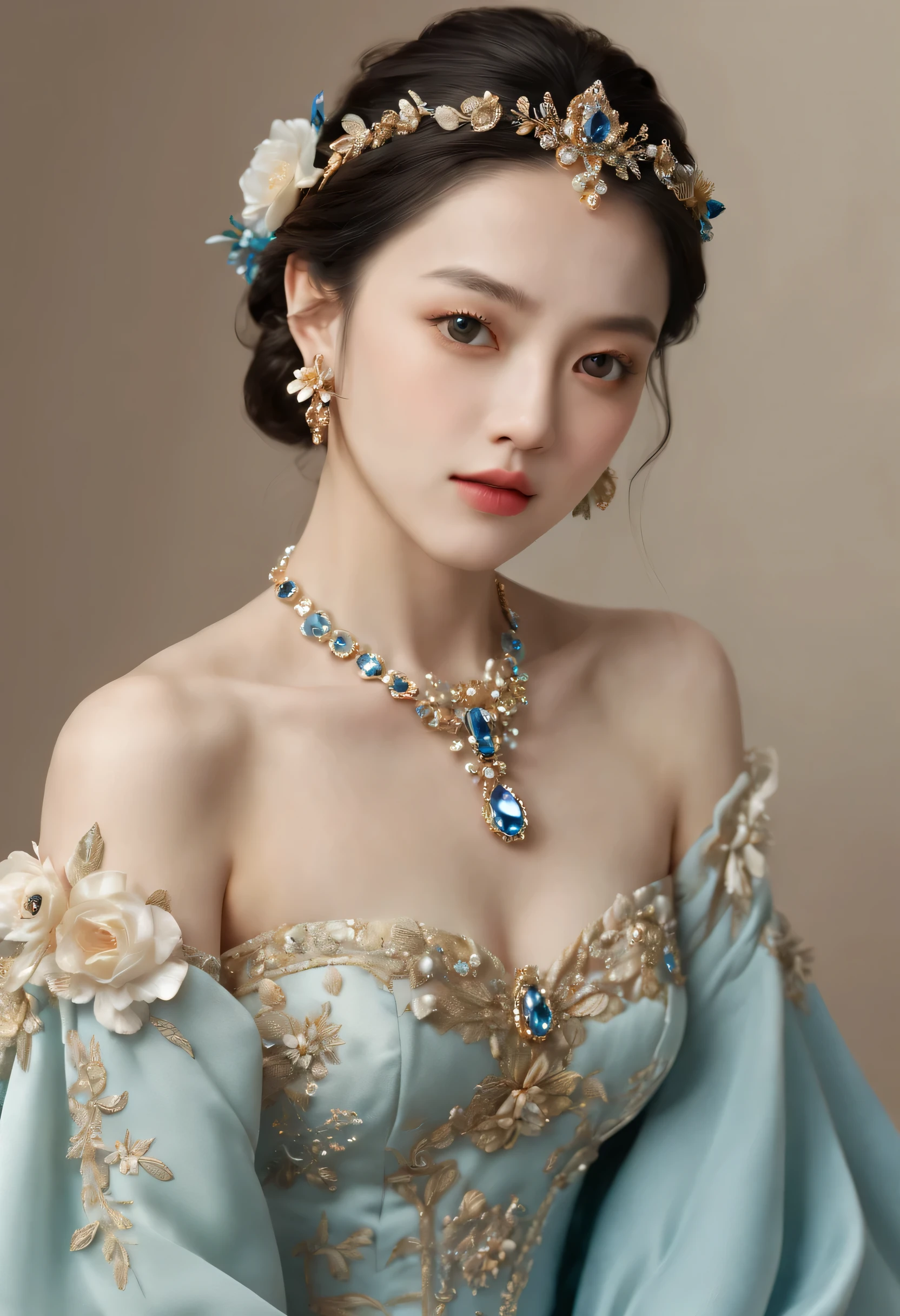 (Best quality,8K,A high resolution,Masterpiece:1.2),Ultra-detailed,(Realistic,Photorealistic,photo-realistic:1.37),Portrait,Creative style artwork,Historical,classical,Sophisticated,plethora of colors,Highly detailed,Soft lighting,luxurious environment,detailed gown,Vibrant flowers,detailed jewellery,Ethereal atmosphere,Elegant Pose,Graceful curves,Gold body proportions,Flowing hair,Breathtaking textile patterns,blue colors,green color,Delicate floral decoration,A dazzling array of crystal accessories,Mysterious and dreamy atmosphere,Impeccable attention to detail.