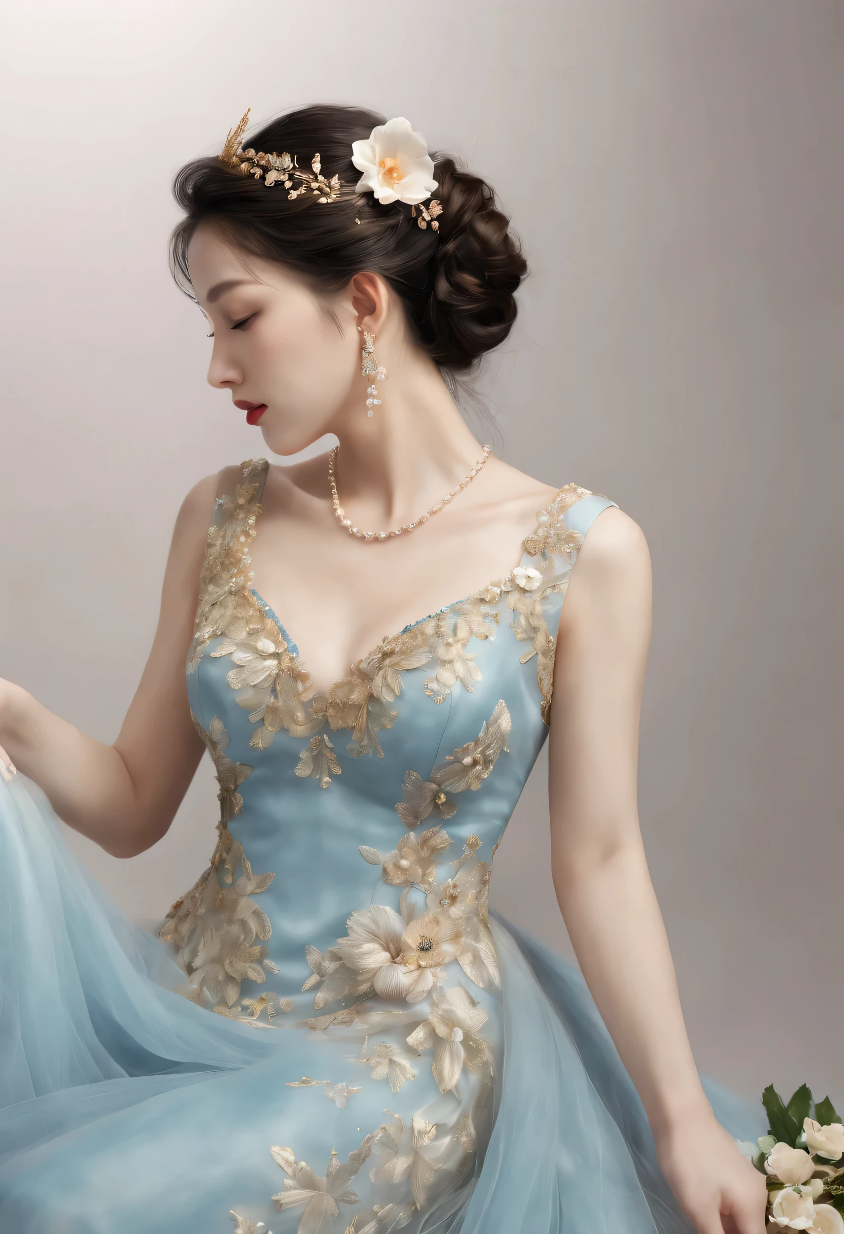 (Best quality,8K,A high resolution,Masterpiece:1.2),Ultra-detailed,(Realistic,Photorealistic,photo-realistic:1.37),Portrait,Creative style artwork,Historical,classical,Sophisticated,plethora of colors,Highly detailed,Soft lighting,luxurious environment,detailed gown,Vibrant flowers,detailed jewellery,Ethereal atmosphere,Elegant Pose,Graceful curves,Gold body proportions,Flowing hair,Breathtaking textile patterns,blue colors,green color,Delicate floral decoration,A dazzling array of crystal accessories,Mysterious and dreamy atmosphere,Impeccable attention to detail.