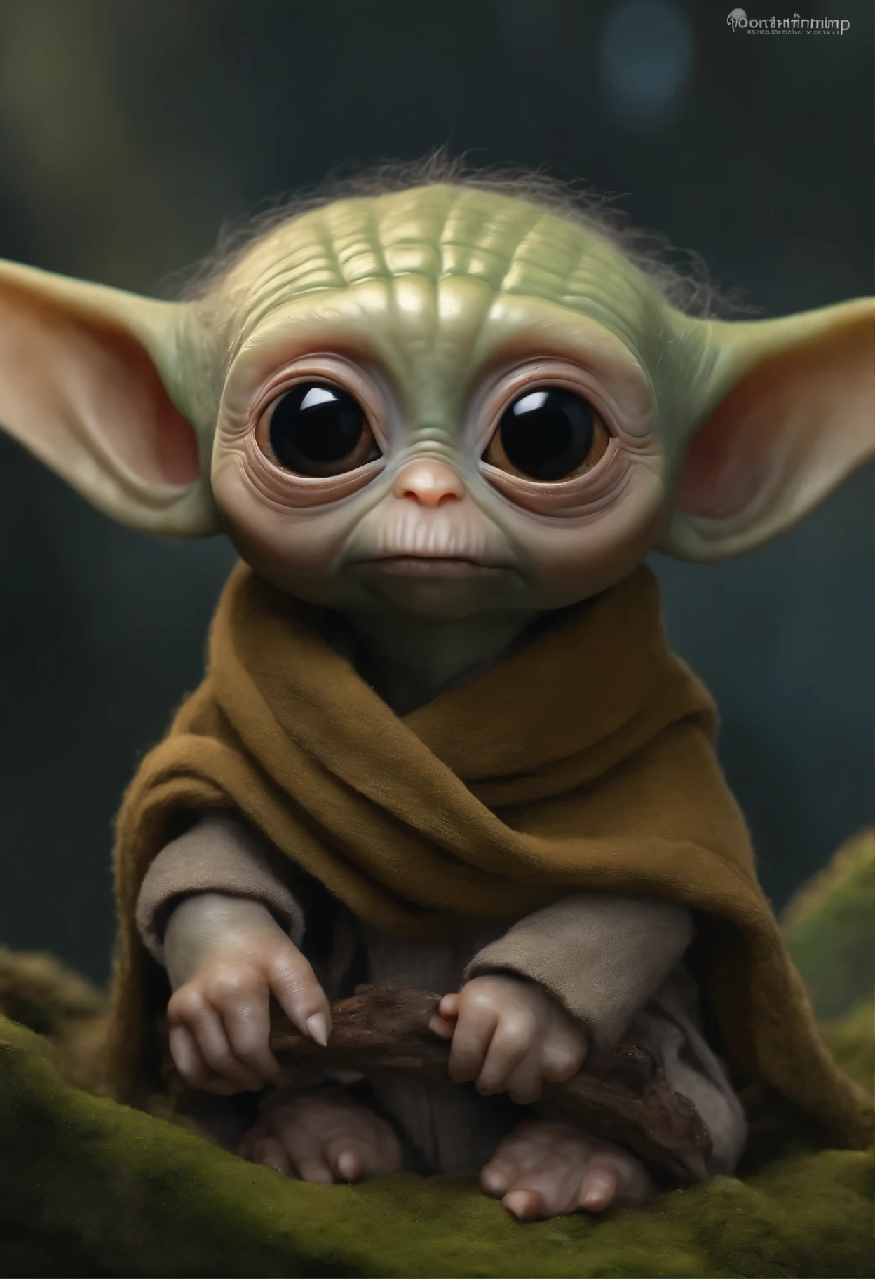Close-up of Baby Yoda wearing a scarf., greta thunberg as Gollum, Pouting gaze :: octane number, portrait of an elf, photo of demon Gollum, Gollum, donald trump as Gollum, Portrait of a Goblin, Yoda Fantasy Art Portrait, charming digital painting, portrait of a gnome called eldon, Cheburashka