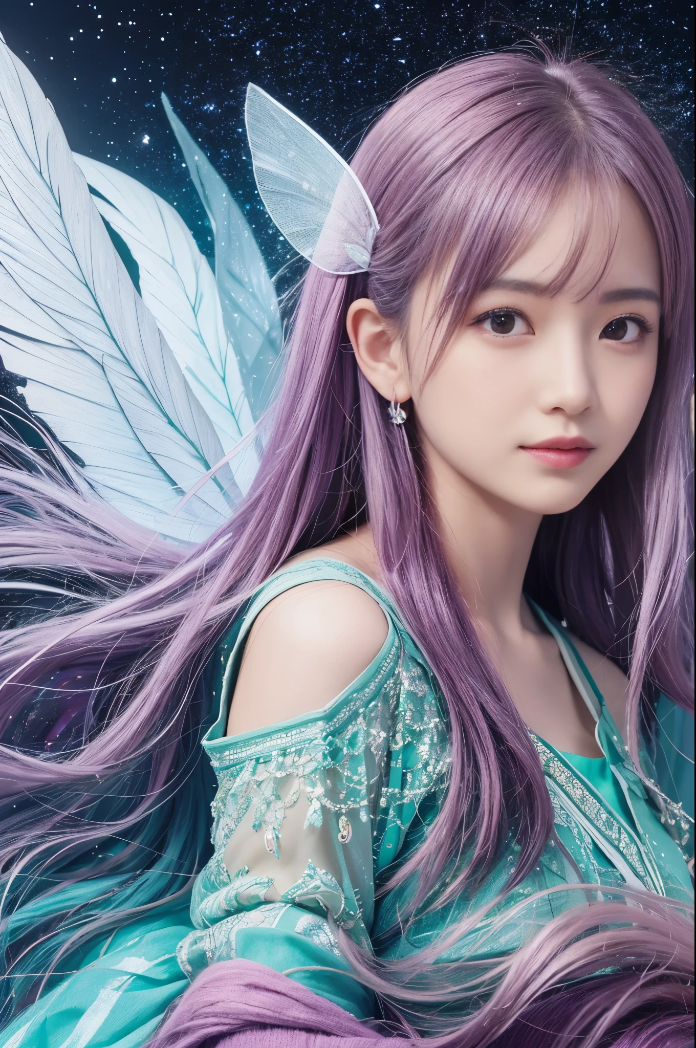 (8K、Live shooting、realistic:1.25)、1 girl、A fairy that looks like a 14-year-old girl with a beautiful face.、Floating in the air and looking down from above、fairy wings are transparent、shy smile、whole body、luminous costume、lip gloss、Glossy skin、highest quality、ultra high resolution、