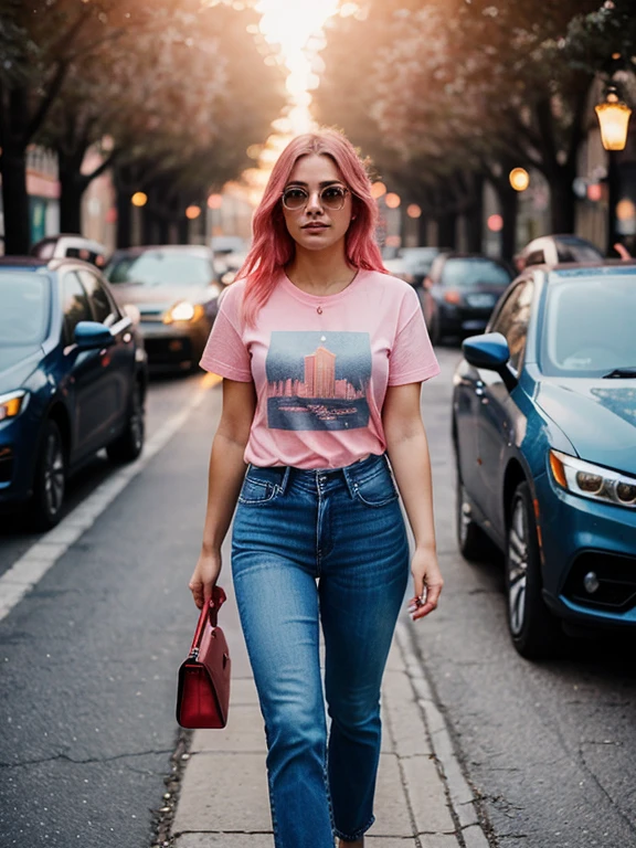 Flow of vision of beautiful woman walking on the street, Her pink t-shirt and sunlit faded blue jeans, Red car passing through the background, And a world of sparkling lights.  