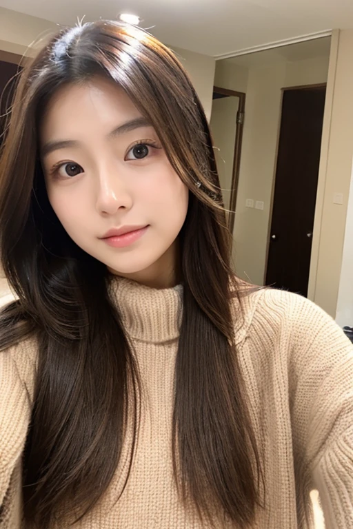 Japanese, woman, Room, winter, 23 years old, medium long hair, Chestnut color, No makeup, Selfie style, double eyelid, D cup, bust up photo, daytime