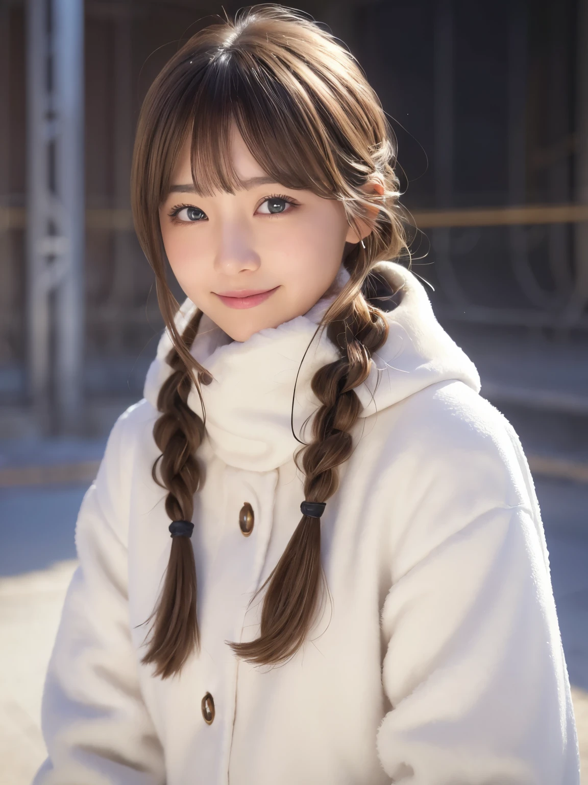 “(best quality,4k,8k,highres,masterpiece:1.2),ultra-detailed,(realistic,photorealistic,photo-realistic:1.37),portrait,light,blush:1.1,blonde hair,brown hair,winter clothes,girl,smiling,looking at the viewer,warm smile,red cheeks,braided hair,simple background,long fur trim coat,white coat,long sleeves,open mouth,fringe,swept fringe,fur, long hair,also have,gloves,golden eyes,yellow eyes."