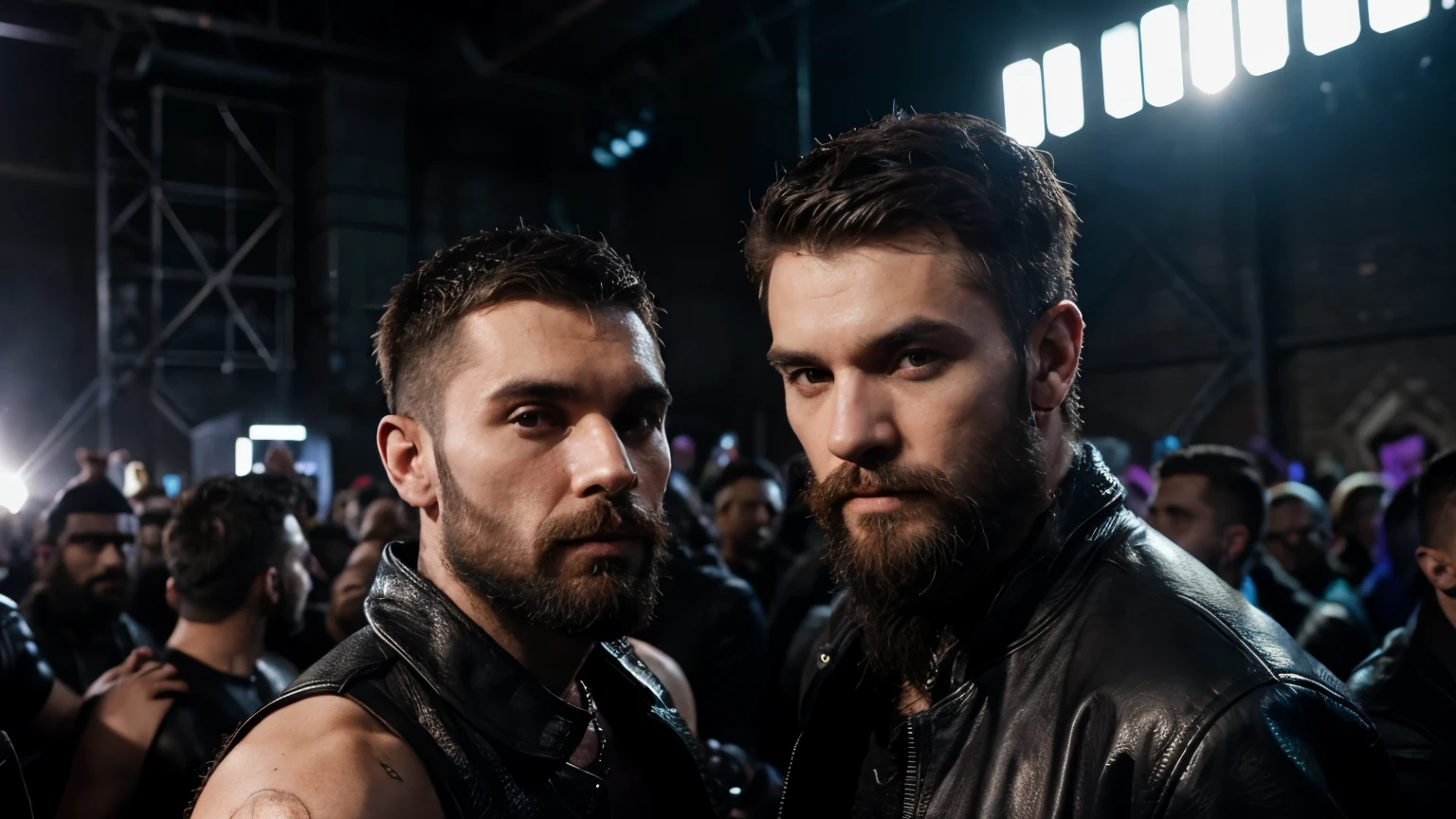 bearded otters gay mans at a techno rave with leather hardness, ravers, dark warehouse, no blurry faves. HD. models