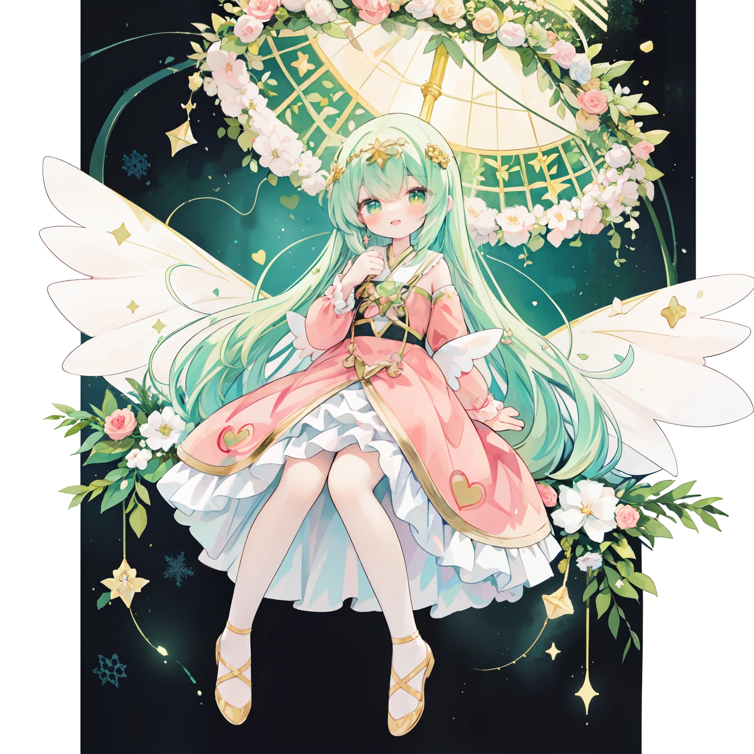 (PastelColors:1.3)、(Cute illustration:1.3)、(watercolor paiting:1.1)、オレンジ、ミカン、みかん、Magic Knight Rayearth:1.5、Red light:1.0,red and green hair、(A smiling fairy with a motif of a big heart and a small heart.............:1.8)、On White Background、jumpping、levitation、A smile、Aster Harmony Garden Sprite,White snow、Noelle、reaching out her hand、green and red background,(🎄A girl wearing large fairy wings made of。。。。:1.9),absurderes,hight resolution,ultra-detailliert,、Magic Knight Rayearth:1.5、Red light),shining from the sky,Head down, feet up, ,ultra wide-angle ,Detailed background、Smile with open mouth、Beautifully detailed、Moya、colourfull、marble、Particles of light、patterns、Playful ruffles and layers create a whimsical touch, Narrow your waist to create a beautiful silhouette, something that wears a wreath decorated with flowers, I tied a ribbon to my braided hair...............:1.3....., Lace-up sandals or ballet shoes with ribbon ties, オレンジ、ミカン、みかん、
、 ,Thick wool gown:0.4