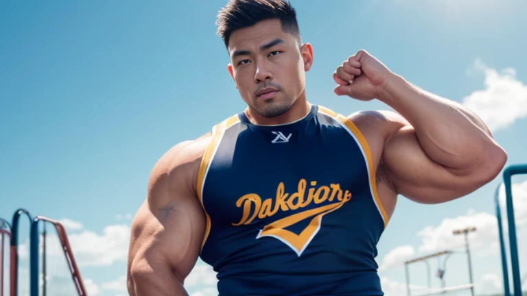 (Highly detailed 8K wallpaper), asian man, muscle worship, arms crossed, On the playground, baseball uniform, high detail, very short hair, shaved head, buzz cut, very large and strong body, bulging muscles, muscular, very large pectoral muscles. Very sexy abs, legs are muscular, Toned figure, lightens oily skin, muscular, Tank top, T-shirt, long shot, wide shot