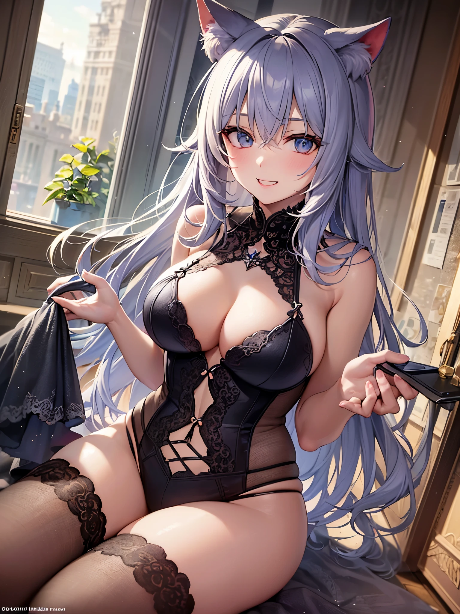 ((highest quality)),(ultra high resolution),(Super detailed),(detailed description),((best CG)),(best work of art),super precision art,great drawing art,(Art with precise details:1.5), (1 woman:1.6),,Cat costume:1.5,Mischievous smile:1.6,