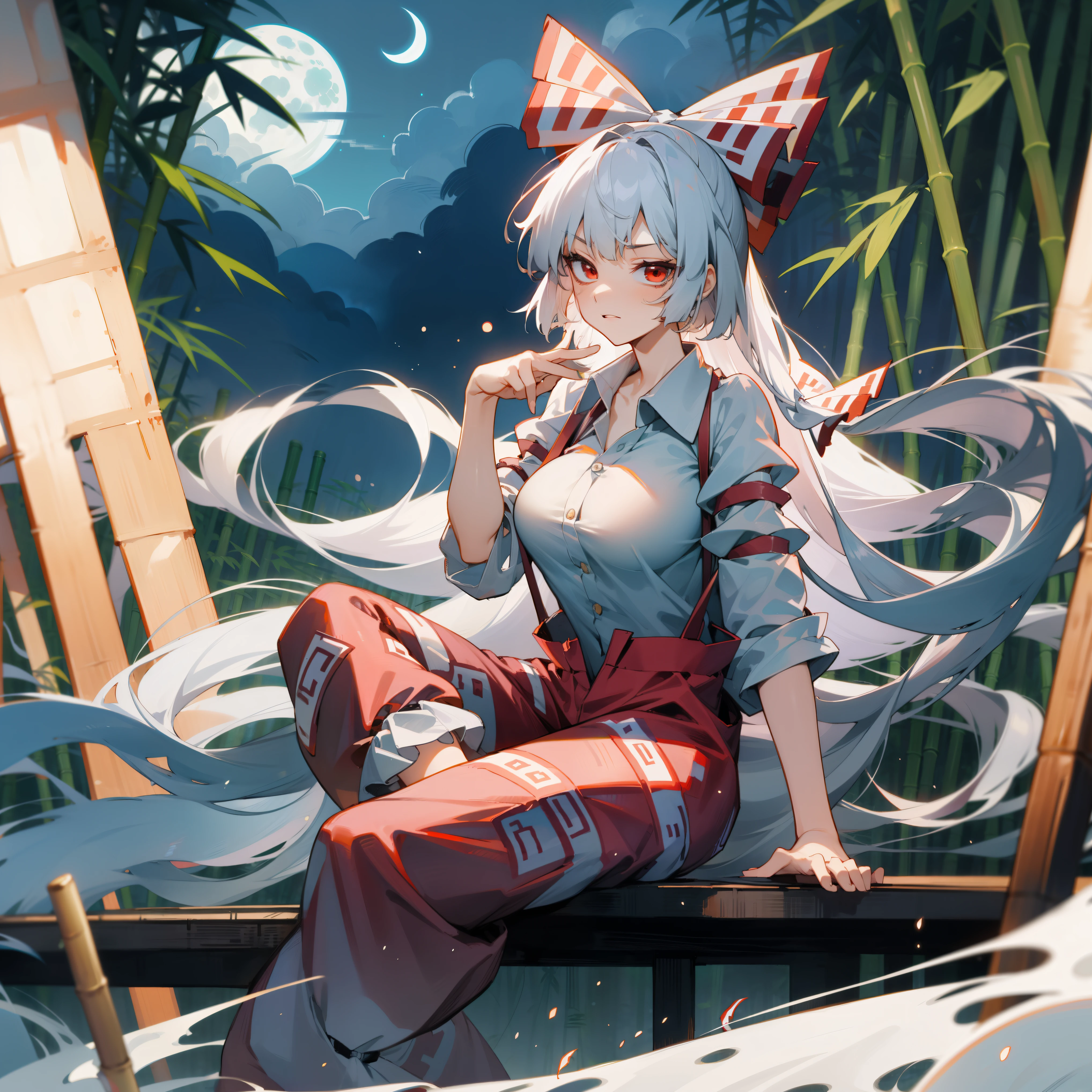 Fujiwara no Mokou(from Touhou) in bamboo forest. She has big tits. She has white hair, red eyes.  She's wearing a white shirt, sit, night, moon, hair ribbons, stay