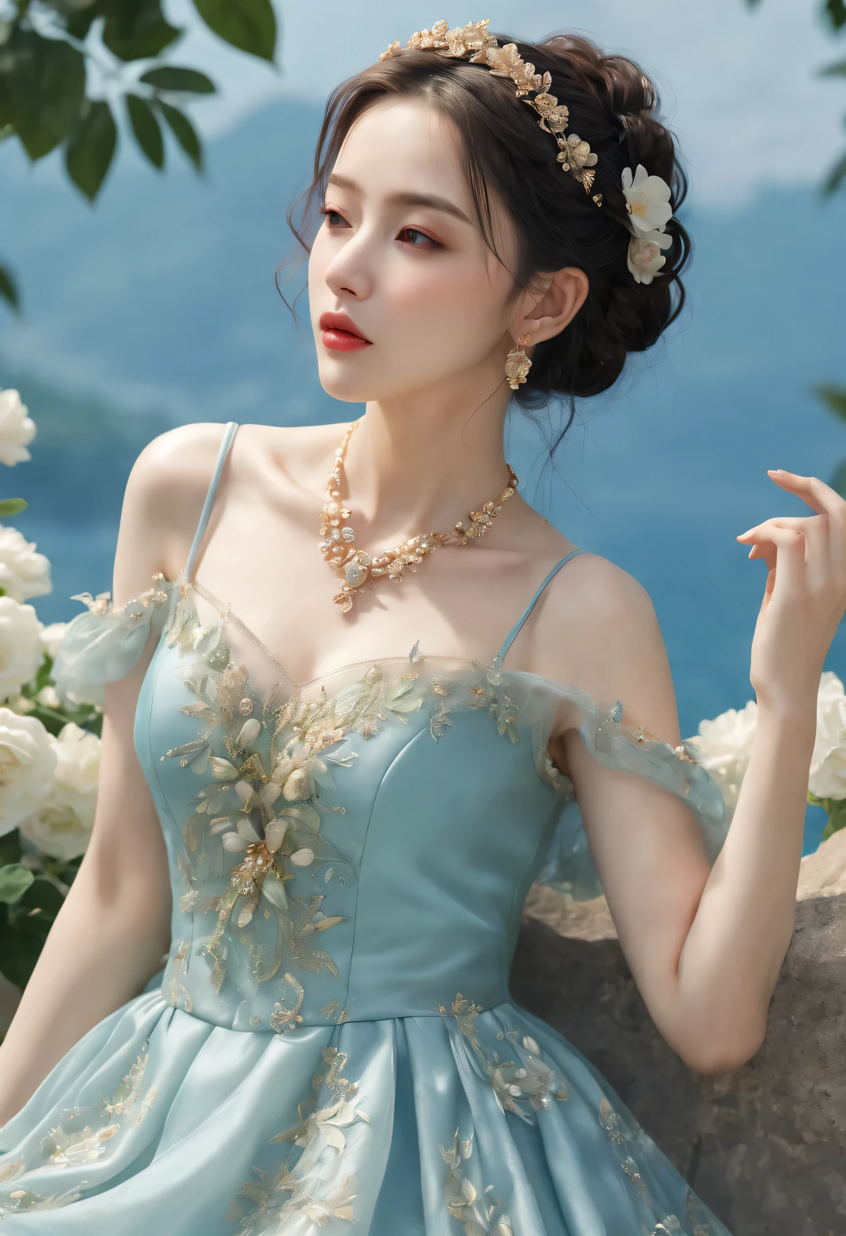 (Best quality,8K,A high resolution,Masterpiece:1.2),Ultra-detailed,(Realistic,Photorealistic,photo-realistic:1.37),Portrait,Creative style artwork,Historical,castle, classical,Sophisticated,plethora of colors,Highly detailed,Soft lighting,luxurious environment,detailed gown,Vibrant flowers,detailed jewellery,Ethereal atmosphere,Elegant Pose,Graceful curves,Gold body proportions，Flowing hair,Breathtaking textile patterns,blue colors，green color,Delicate floral decoration,A dazzling array of crystal accessories,Mysterious and dreamy atmosphere,Impeccable attention to detail.