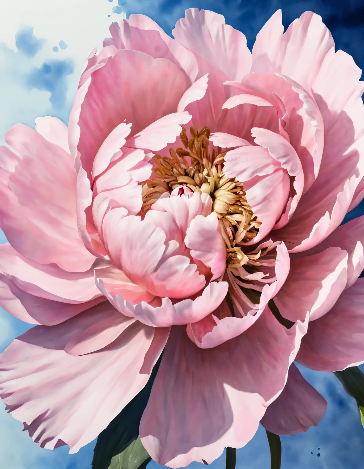 A large pink peony flower on a blue background underwater, Raphael Lacoste (Raphael Lacoste) style, Daz 3D, and Ivan Shishkin. Detailed watercolor painting, illustration, Unreal Engine 5, Elizabeth Gall, watercolor painting,