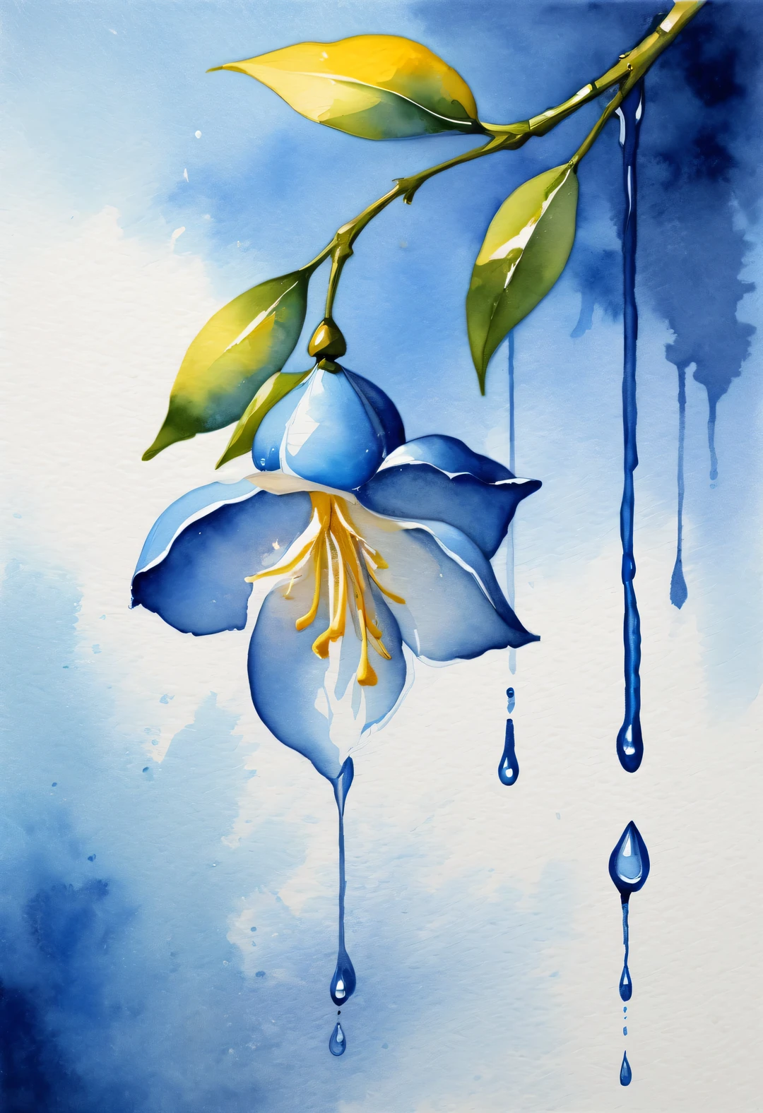 jasmine flowers, watercolor painting, drip watercolor painting, sampler style, Blue and yellow, Martin Lark, Dima Dmitriev, pack,