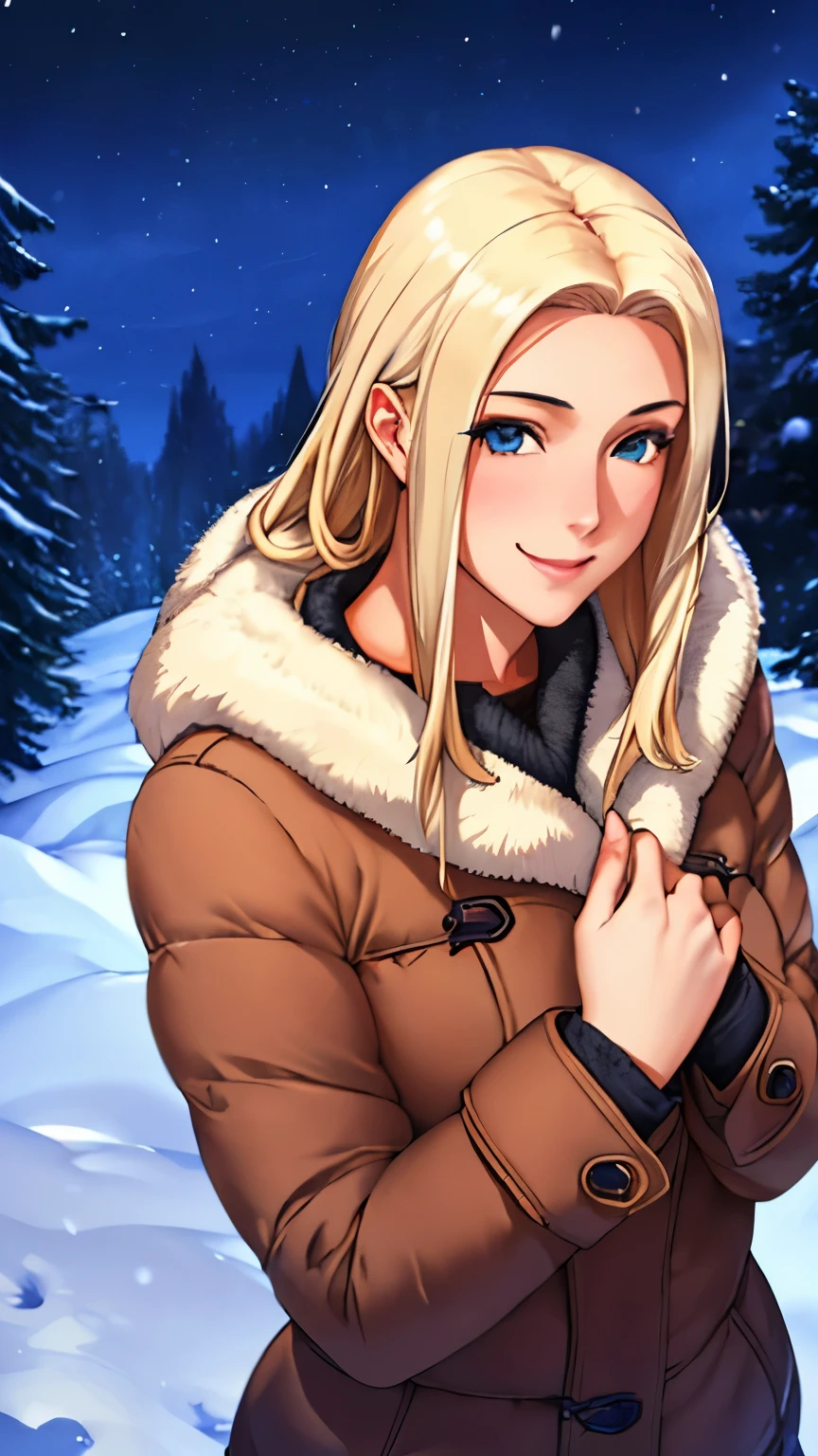 (masterpiece), (best quality), 1girl, (perfect face:1.2), (beautiful face:1.2), platinum blonde hair, (from above, upper body:1.3), happy, light smile, looking at viewer, pose, 
winter coat, outdoors, winter, snow, night time, intricate, depth of field, cinematic lighting,