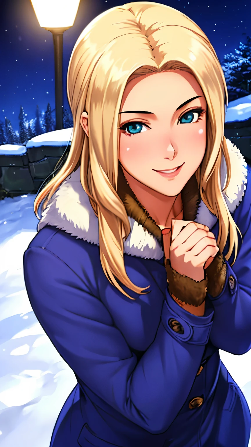 (masterpiece), (best quality), 1girl, (perfect face:1.2), (beautiful face:1.2), platinum blonde hair, (from above, upper body:1.3), happy, light smile, looking at viewer, pose, 
winter coat, outdoors, winter, snow, night time, intricate, depth of field, cinematic lighting,