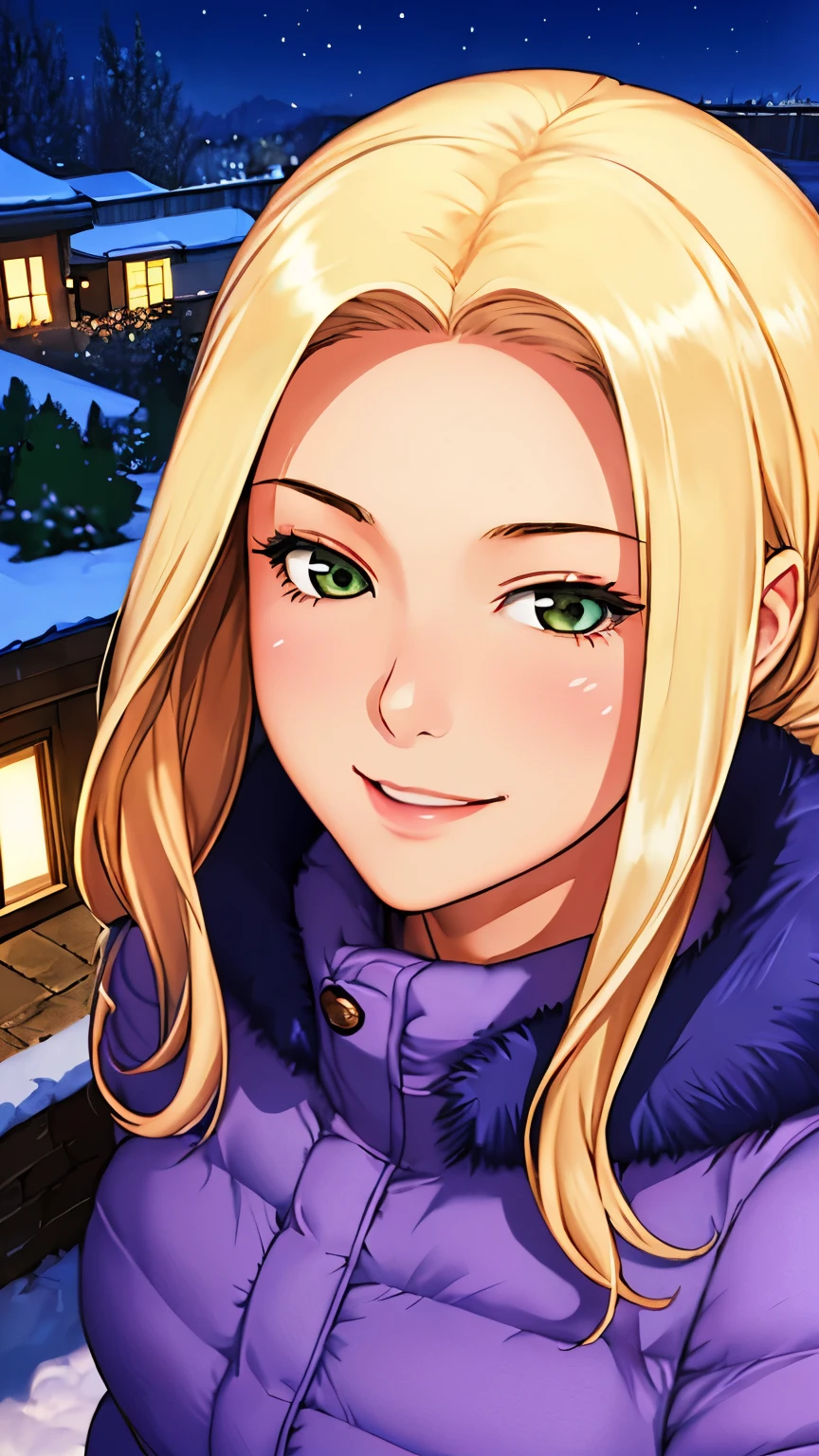 (masterpiece), (best quality), 1girl, (perfect face:1.2), (beautiful face:1.2), platinum blonde hair, (from above, upper body:1.3), happy, light smile, looking at viewer, pose, 
winter coat, outdoors, winter, snow, night time, intricate, depth of field, cinematic lighting,