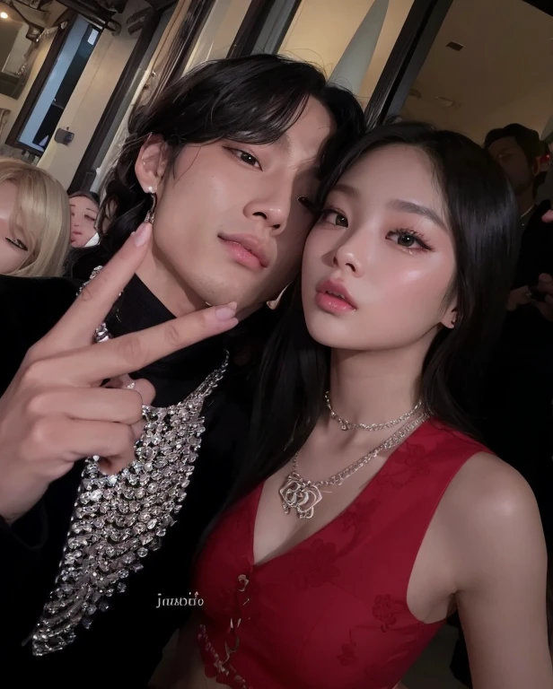 Jennie do BLACKPINK e V do BTS, juntamente em uma festa, pele perfeita, coreanos atraentes, olhasexy, cabelos perfeitos, casal do ano, muito bonitos, coreanos lindos, qualidade de foto 8k extremamente perfeita, perfect clothes and accessories and nose ring PIERCING