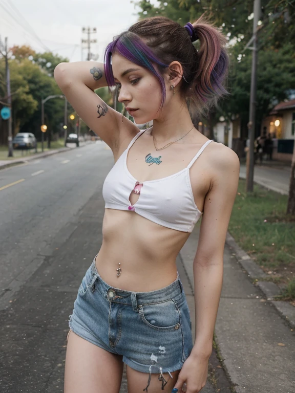 Indie girl, alternative girl, 18 years old, petite, slim, ponytail, photorealistic, full body, scantily dressed, colorful hair, piercings