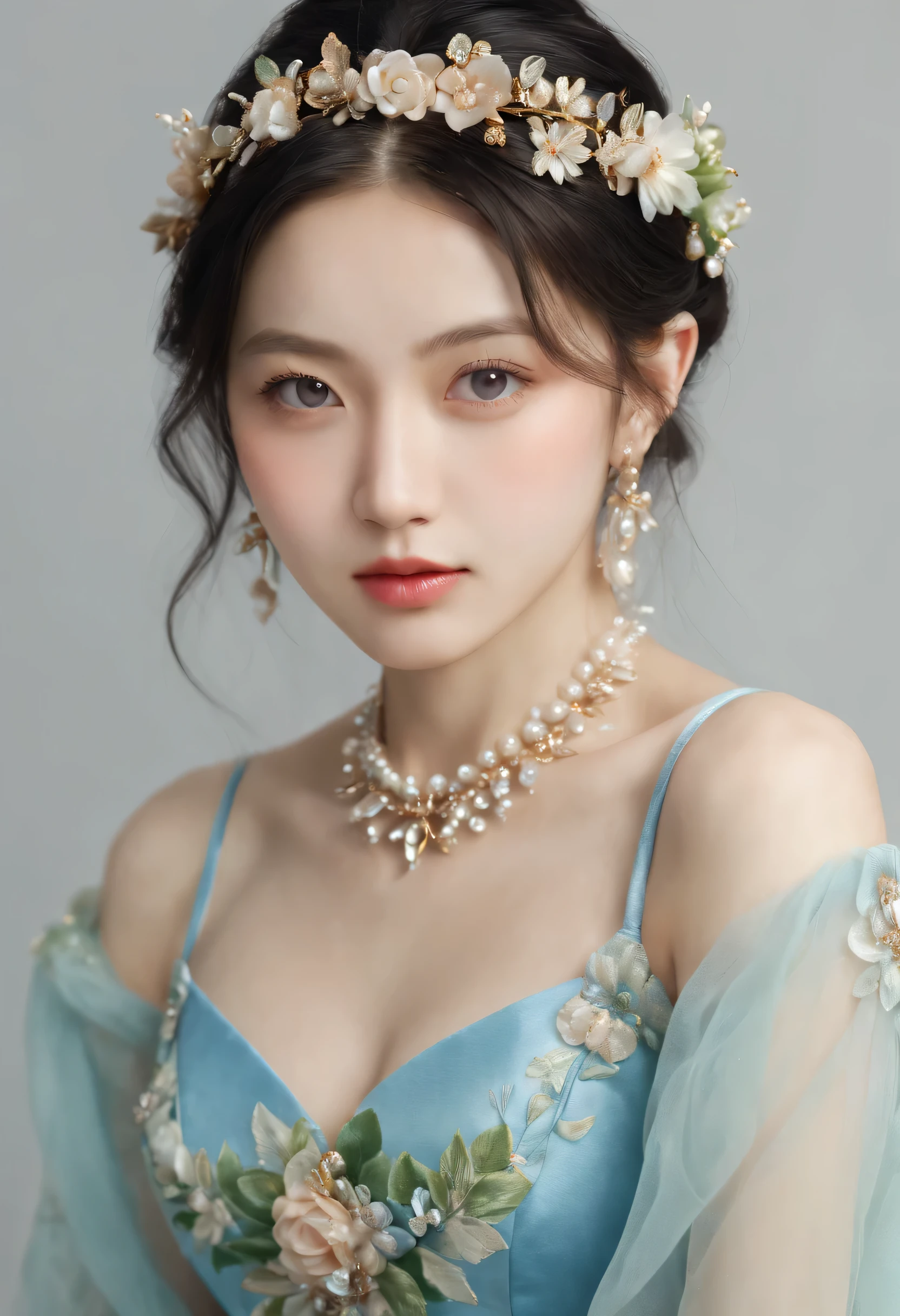 (Best quality,8K,A high resolution,Masterpiece:1.2),Ultra-detailed,(Realistic,Photorealistic,photo-realistic:1.37),Portrait,Creative style artwork,Historical,classical,Sophisticated,plethora of colors,Highly detailed,Soft lighting,luxurious environment,detailed gown,Vibrant flowers,detailed jewellery,Ethereal atmosphere,Elegant Pose,Graceful curves,Gold body proportions,Flowing hair,Breathtaking textile patterns,blue colors,green color,Delicate floral decoration,A dazzling array of crystal accessories,Mysterious and dreamy atmosphere,Impeccable attention to detail.