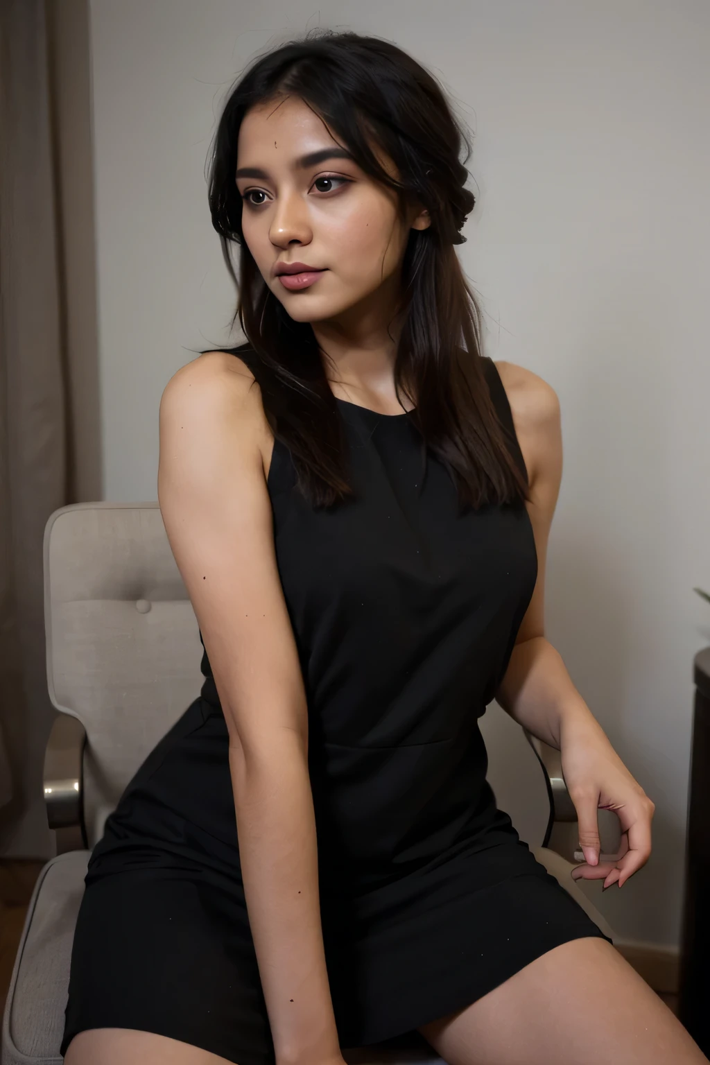 Indian girl beautiful black hair style dress, chair