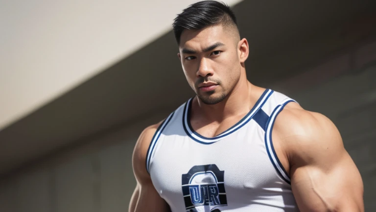 (Highly detailed 8K wallpaper), asian man, muscle worship, arms crossed, On the playground, baseball uniform, high detail, very short hair, shaved head, buzz cut, very large and strong body, bulging muscles, muscular, very large pectoral muscles. Very sexy abs, legs are muscular, Toned figure, lightens oily skin, muscular, Tank top, T-shirt, long shot, wide shot