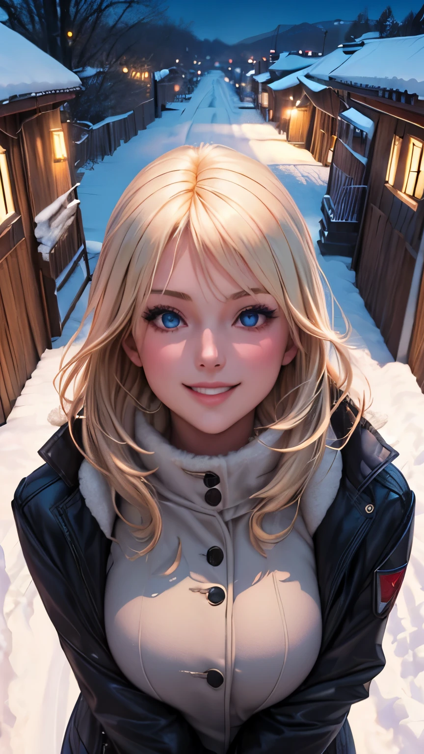 (masterpiece), (best quality), 1girl, (perfect face:1.2), (beautiful face:1.2), platinum blonde hair, (from above, upper body:1.3), happy, light smile, looking at viewer, pose, 
winter coat, outdoors, winter, snow, night time, intricate, depth of field, cinematic lighting,