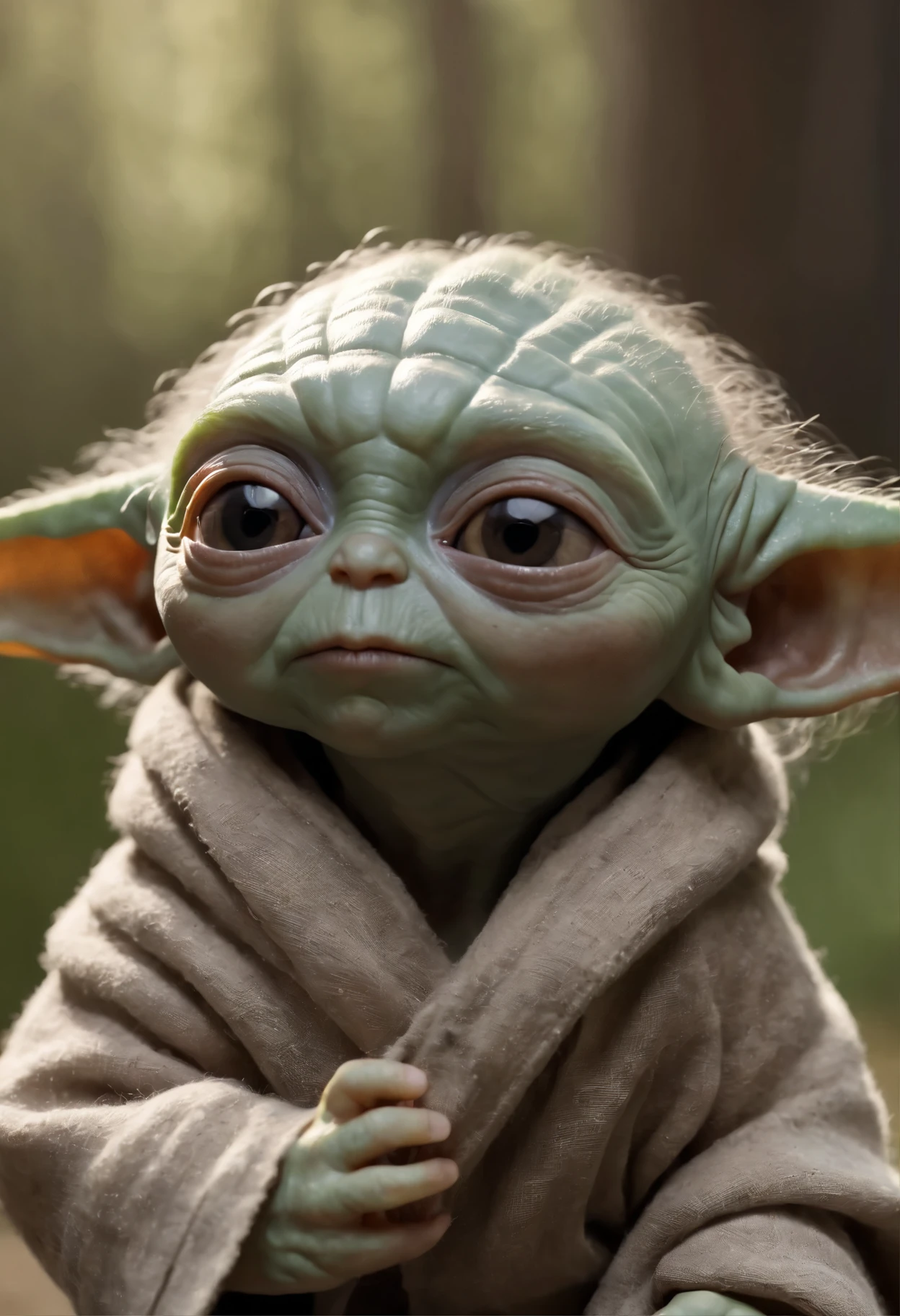 Close-up of Baby Yoda wearing a scarf., greta thunberg as Gollum, Pouting gaze :: octane number, portrait of an elf, photo of demon Gollum, Gollum, donald trump as Gollum, Portrait of a Goblin, Yoda Fantasy Art Portrait, charming digital painting, portrait of a gnome called eldon, Cheburashka