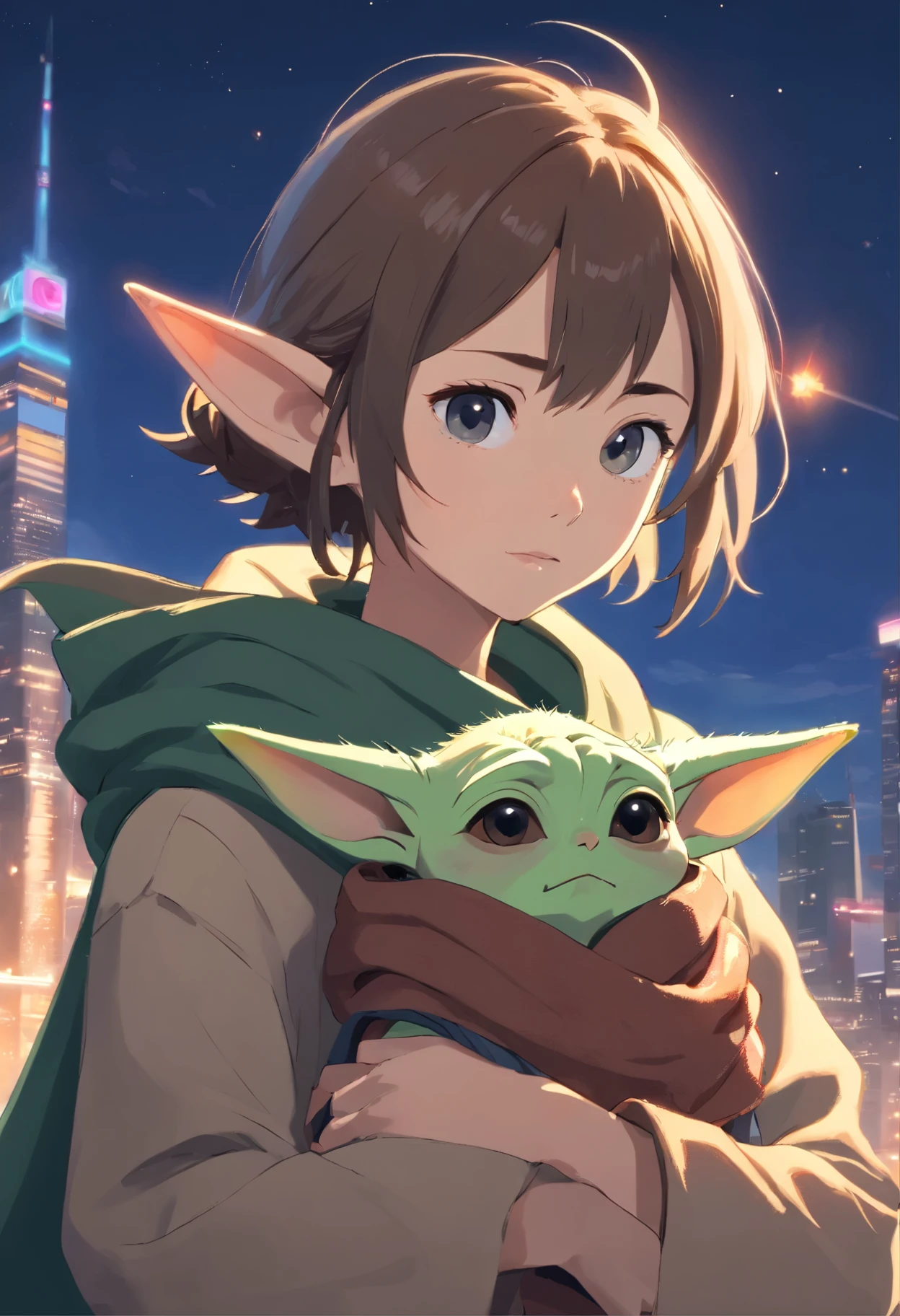 Close-up of Baby Yoda wearing a scarf., greta thunberg as Gollum, Pouting gaze :: octane number, portrait of an elf, photo of demon Gollum, Gollum, donald trump as Gollum, Portrait of a Goblin, Yoda Fantasy Art Portrait, charming digital painting, portrait of a gnome called eldon, Cheburashka