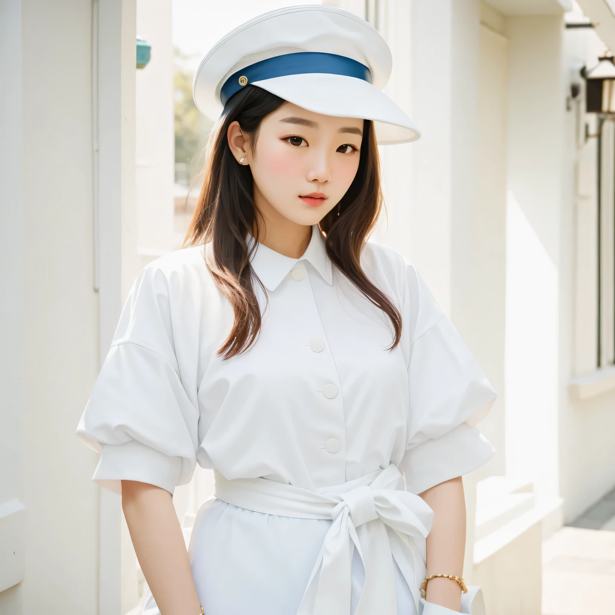 arafed woman in a white shirt and blue sash standing in front of a building, a portrait inspired by Sim Sa-jeong, tumblr, renaissance, white trendy clothes, korean women's fashion model, sakimichan, loose coat collar sailor uniform, puff sleeves, trendy white clothing, wearing a chocker and cute hat, with straw hat