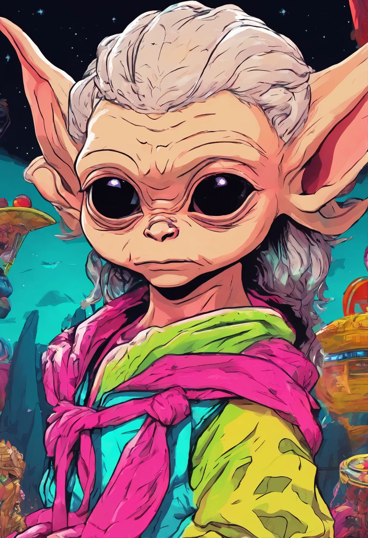 Close-up of Baby Yoda wearing a scarf., greta thunberg as Gollum, Pouting gaze :: octane number, portrait of an elf, photo of demon Gollum, Gollum, donald trump as Gollum, Portrait of a Goblin, Yoda Fantasy Art Portrait, charming digital painting, portrait of a gnome called eldon, Cheburashka