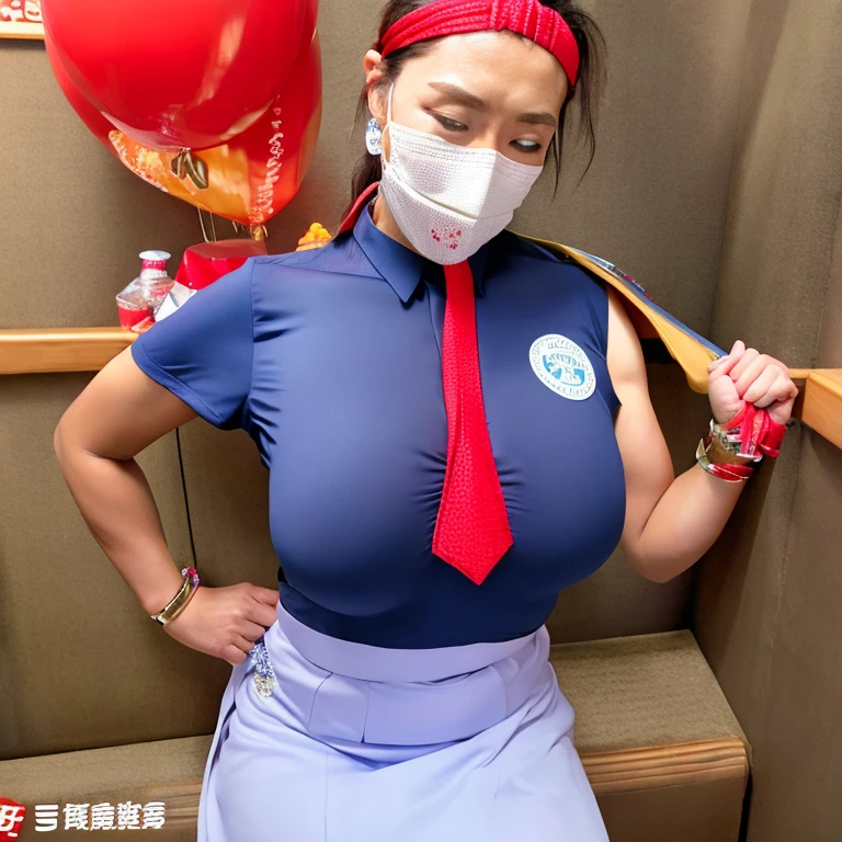 Highest image quality、highest quality、highest resolution、real image、detailed、1 female college student、brown curly hair、look at the camera、(slender body:1.2)、(small breasts:1.2)、red and gold plaid bra and panties、red and gold mask and garter belt、Weapons are the shocking pie beam and hip attack.、Masked female college students may show their nipples, areolas, and pussies to others, but they will never show their real faces.、(Other half-mask masks are scattered on the floor and walls.:1.3)