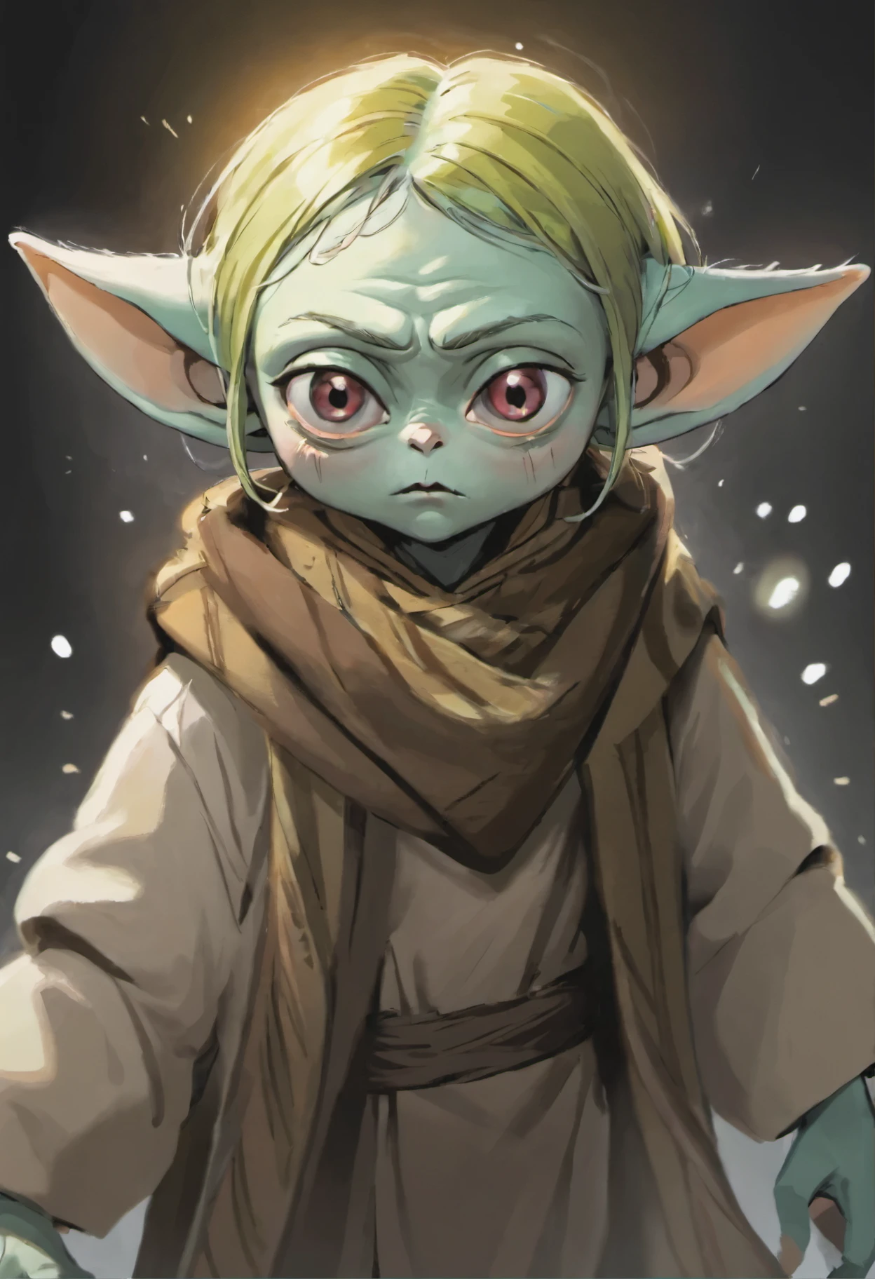 Close-up of Baby Yoda wearing a scarf., greta thunberg as Gollum, Pouting gaze :: octane number, portrait of an elf, photo of demon Gollum, Gollum, donald trump as Gollum, Portrait of a Goblin, Yoda Fantasy Art Portrait, charming digital painting, portrait of a gnome called eldon, Cheburashka