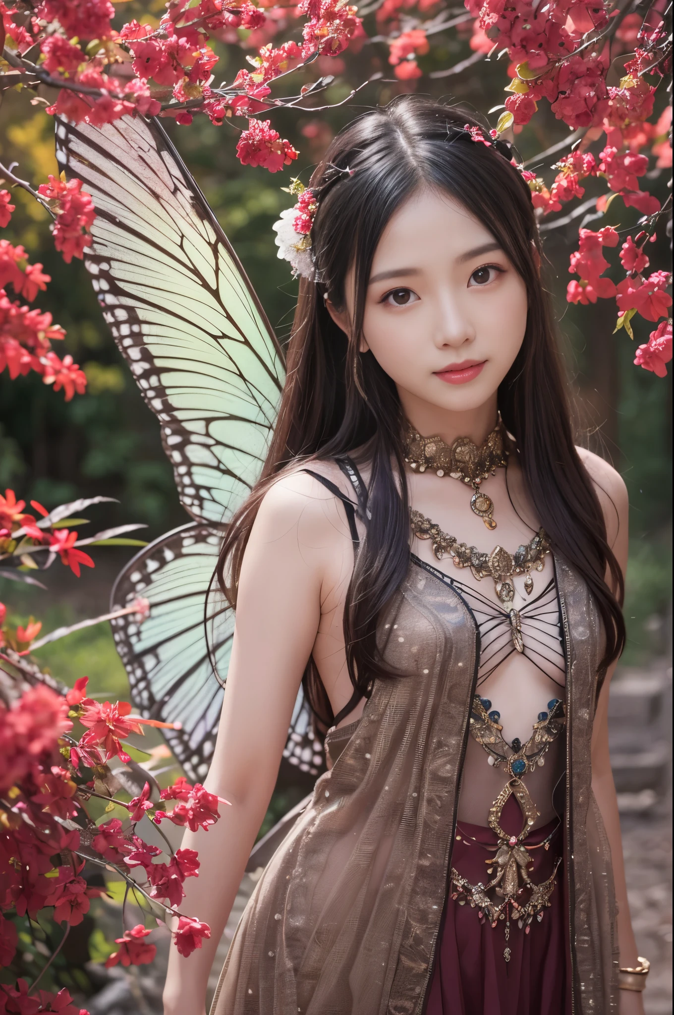 (8K、Live shooting、realistic:1.25)、1 girl、A fairy that looks like a -yeld giwith a beautiful face.、Floating in the air and looking down from above、fairy wings are transparent、shy smile、whole body、luminous costume、lip gloss、Glossy skin、highest quality、ultra high resolution、