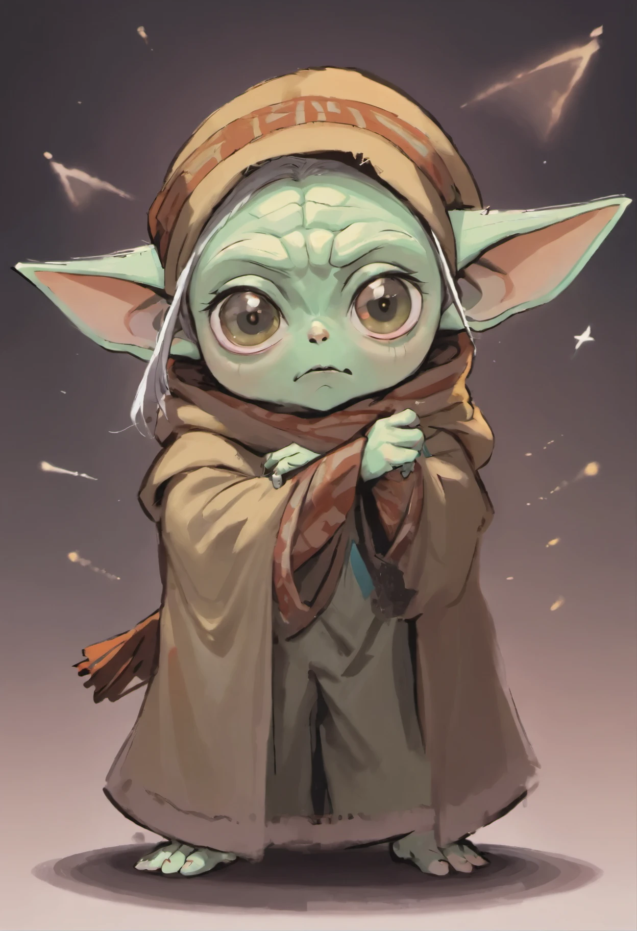 Close-up of Baby Yoda wearing a scarf., greta thunberg as Gollum, Pouting gaze :: octane number, portrait of an elf, photo of demon Gollum, Gollum, donald trump as Gollum, Portrait of a Goblin, Yoda Fantasy Art Portrait, charming digital painting, portrait of a gnome called eldon, Cheburashka