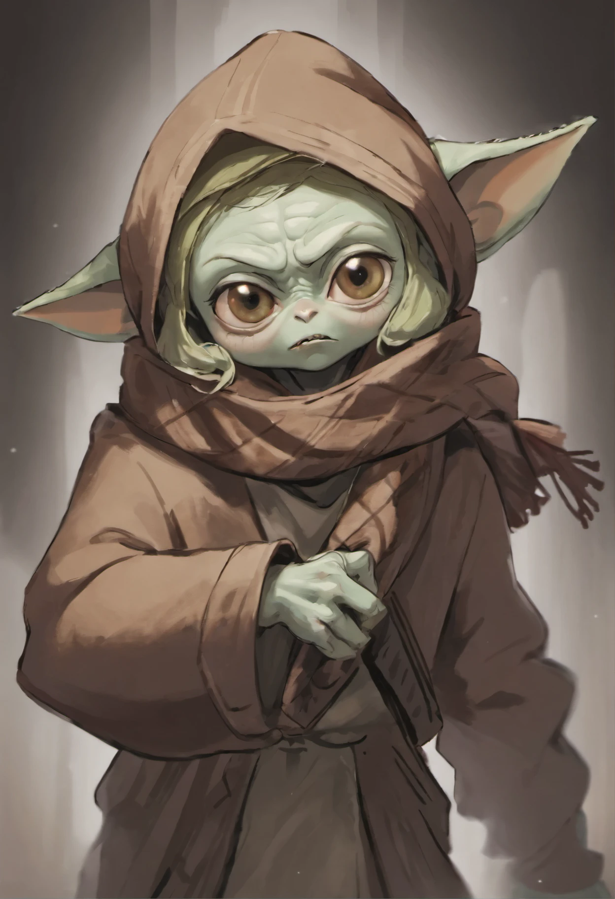 Close-up of  Yoda wearing a scarf., greta thunberg as Gollum, Pouting gaze :: octane number, portrait of an elf, photo of demon Gollum, Gollum, donald trump as Gollum, Portrait of a Goblin, Yoda Fantasy Art Portrait, charming digital painting, portrait of a gnome called eldon, Cheburashka