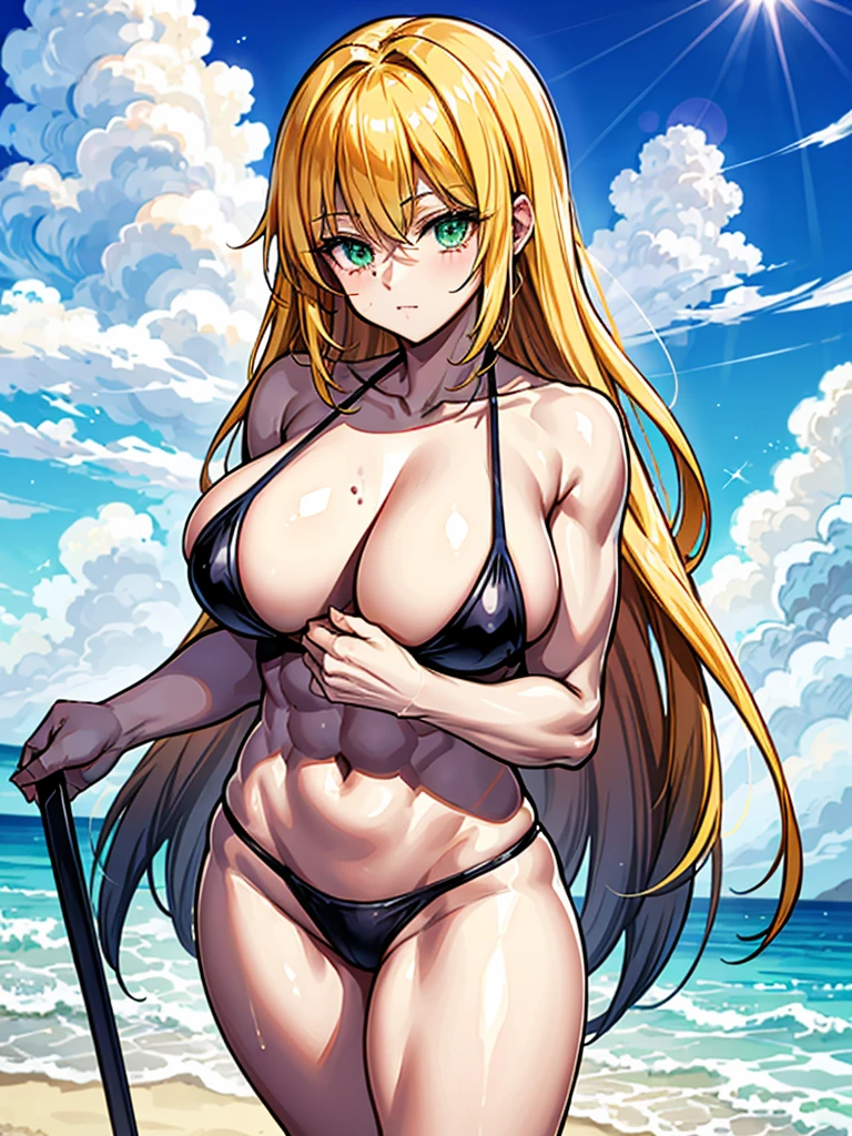 (((masterpiece、Highest image quality、highest quality、highly detailed unity 8kwallpaper)))、((Illustration of one girl))、(((beautiful girl)))、((blonde、two side up、sidelocks、green eyes))、(((tall、stocky build, thickset physique, muscular legs, broad shoulders, solid chest)))、swimsuit、sandy beach