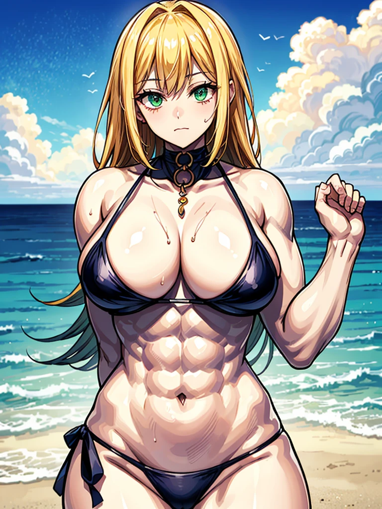 （（（masterpiece、Highest image quality、highest quality、highly detailed unity 8ｋwallpaper）））、（（Illustration of one girl））、（（（beautiful girl）））、（（blonde、two side up、sidelocks、green eyes））、（（（tall、stocky build, thickset physique, muscular legs, broad shoulders, solid chest）））、swimsuit、sandy beach