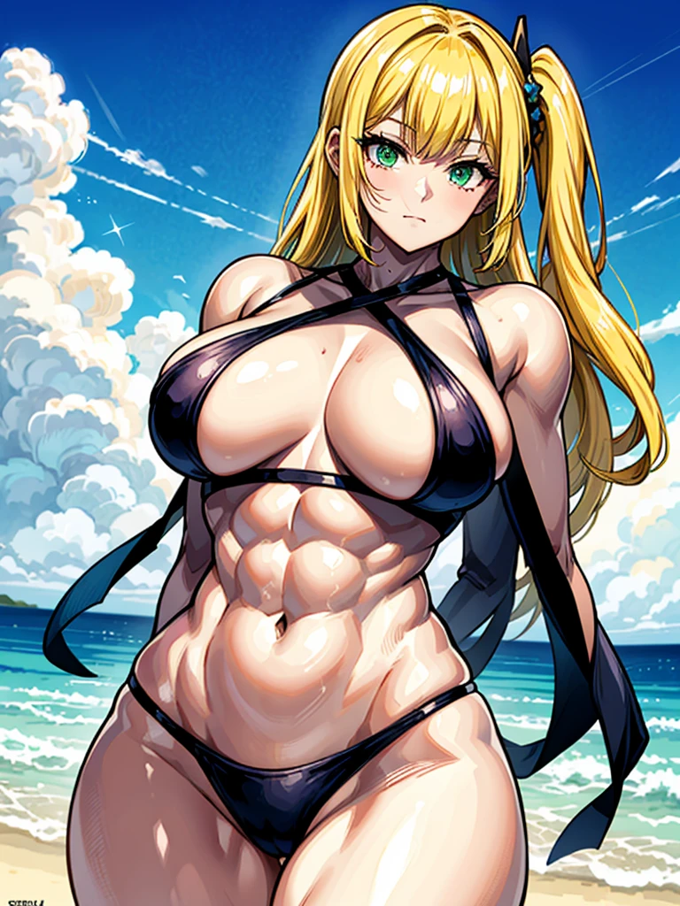 （（（masterpiece、Highest image quality、highest quality、highly detailed unity 8ｋwallpaper）））、（（Illustration of one girl））、（（（beautiful girl）））、（（blonde、two side up、sidelocks、green eyes））、（（（tall、stocky build, thickset physique, muscular legs, broad shoulders, solid chest）））、swimsuit、sandy beach