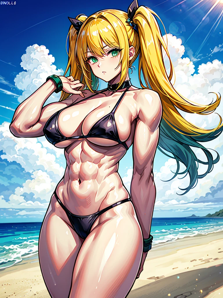 (((masterpiece、Highest image quality、highest quality、highly detailed unity 8kwallpaper)))、((Illustration of one girl))、(((beautiful girl)))、((blonde、two side up、sidelocks、green eyes))、(((tall、stocky build, thickset physique, muscular legs, broad shoulders, solid chest)))、swimsuit、sandy beach