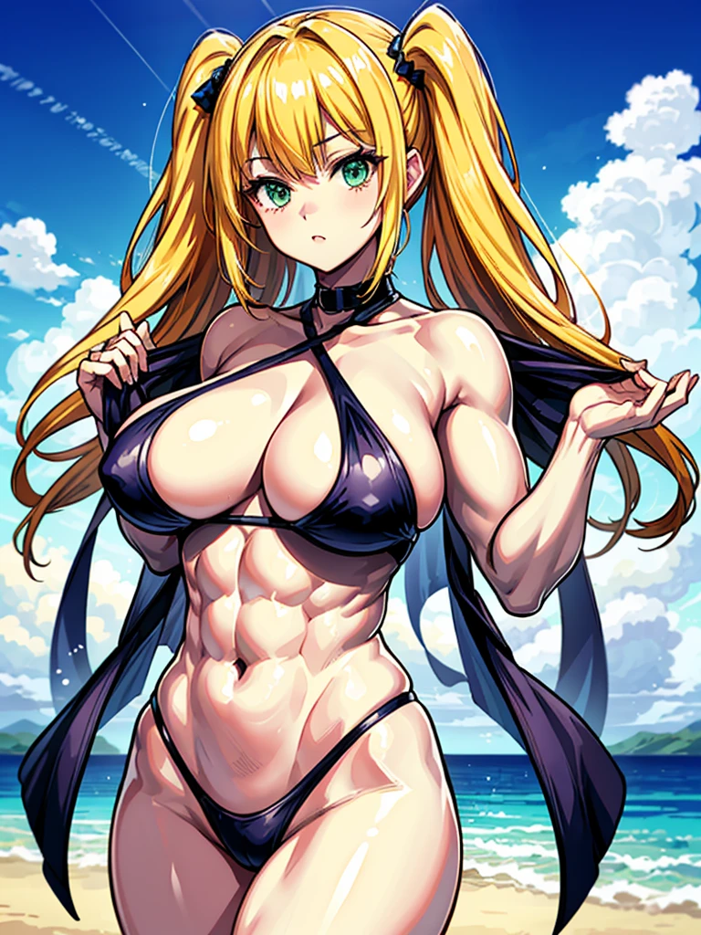 (((masterpiece、Highest image quality、highest quality、highly detailed unity 8kwallpaper)))、((Illustration of one girl))、(((beautiful girl)))、((blonde、two side up、sidelocks、green eyes))、(((tall、stocky build, thickset physique, muscular legs, broad shoulders, solid chest)))、swimsuit、sandy beach