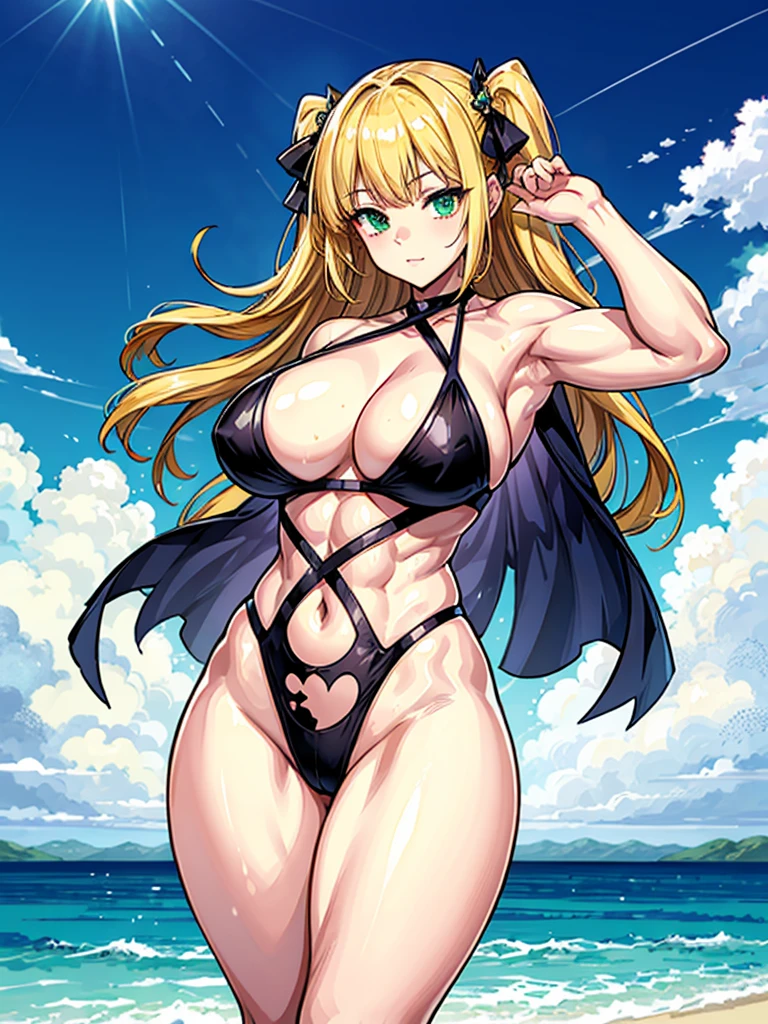 （（（masterpiece、Highest image quality、highest quality、highly detailed unity 8ｋwallpaper）））、（（Illustration of one girl））、（（（beautiful girl）））、（（blonde、two side up、sidelocks、green eyes））、（（（tall、stocky build, thickset physique, muscular legs, broad shoulders, solid chest）））、swimsuit、sandy beach