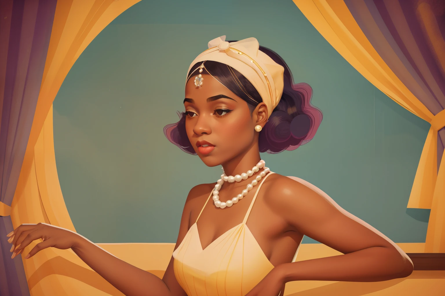 Roaring Twenties Harlem Jazz Club Serenade (Location: Harlem)
Character: A age girl with a pearl headband, experiences a magical serenade in a Harlem jazz club during the Roaring Twenties. The jazz notes become visual enchantments, swirling around her in a rhythmic dance. Wes Anderson's jazzy palette adds a layer of vintage allure to the musical spectacle.
