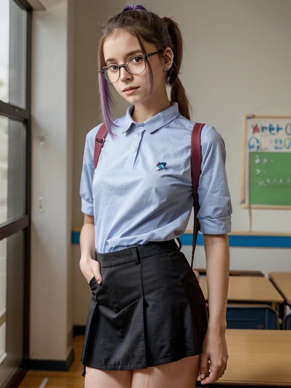 School girl, nerd, 18 years old, petite, slim, ponytail, photorealistic, full body, scantily dressed, colorful hair, piercings