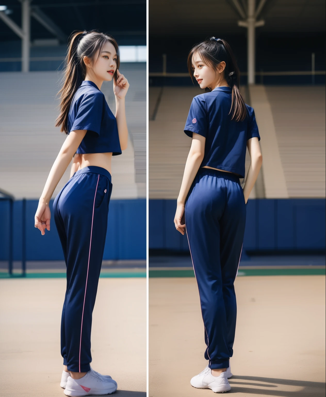(best quality,10,10,height,Masterpiece:1.2),very detailed,(realistic,ภาพrealistic,Realistic photos:1.37),1 cute girl on the football field,shiny, ผิวshiny,only,smile softly,BDclothelue shirt:1.3)),short sleeve,shirt, กางเกงขาlong.,(navy_long_track pants:1.1), ((stadium background:1.3)),Dynamic angle,excited,Face focus,dynamic poses,from behind,Focus on the ass.,Masterpiece, best quality, ultra realistic, very detailedเกินไป, 8k resolution, raw photos, Sharp focus, ((Navy blue shirt:1.1)), short sleeve, เส้นทางlong, perfect body, 2 mature women, 18 years old, Cinema-grade lighting system,Blue sweatpants,exercise clothes,correct anatomy,perfect body, correct body, Sharp face, correct bodyทางกายวิภาค, full body, realistic gestures, long-haired, realistic ,ช่วงขาlong,fit,carved girl, Slender figure, Model, fit, beautiful body,Blue sweatpants, กางเกงวอร์มขาlong