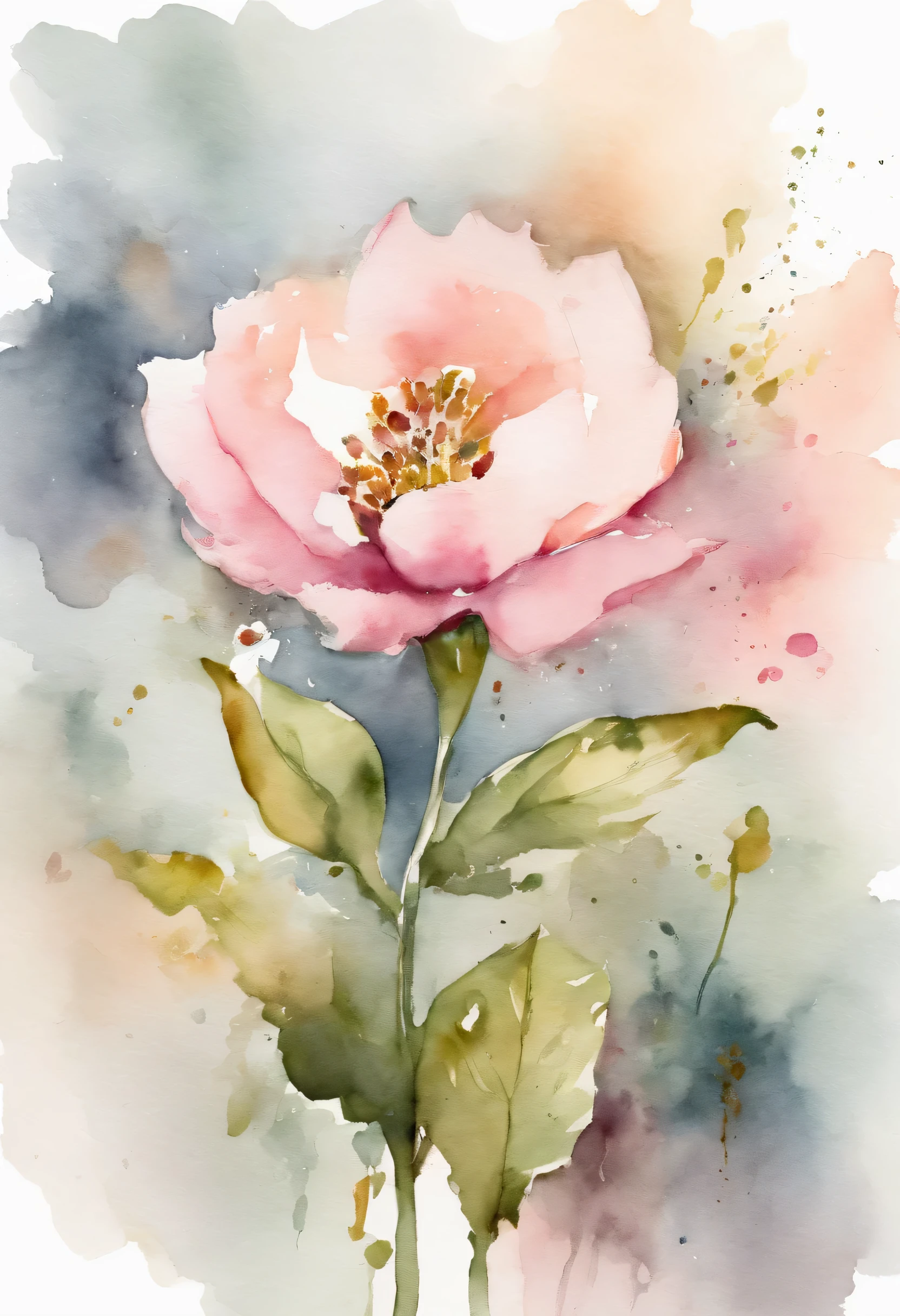 Watercolor flower painting isolated on white background、watercolor paiting、Splash technique to reproduce wet conditions、Blurry atmosphere、Unique composition、Abstract representation、Contains elements of surrealism、Pale tones、Pale pink and gold color scheme、high resolution details、Ink splash effect、Pale colors。